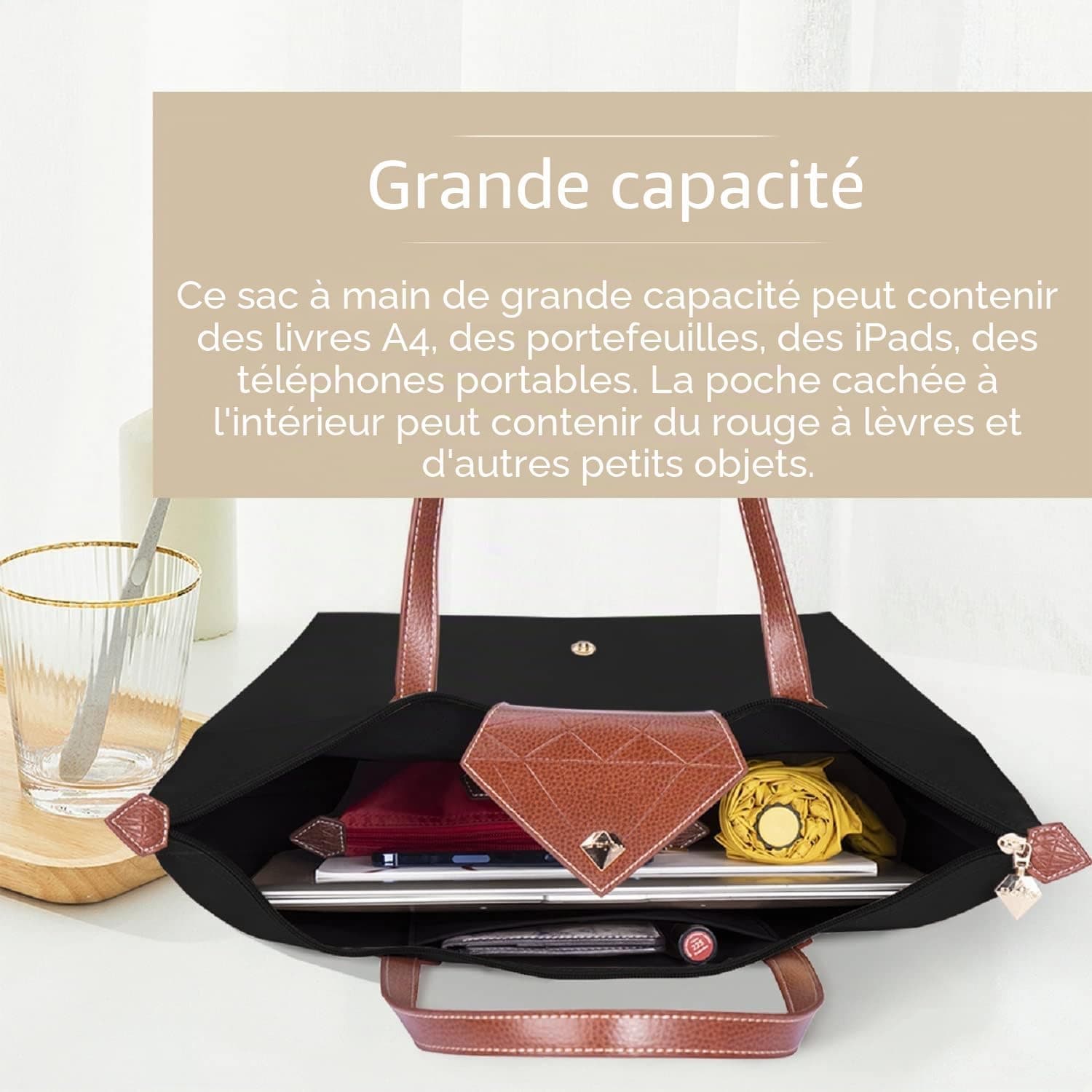 Sac à main pour femme, grand sac à bandoulière étanche, pliable noir pour loisirs, voyage, bureau, shopping