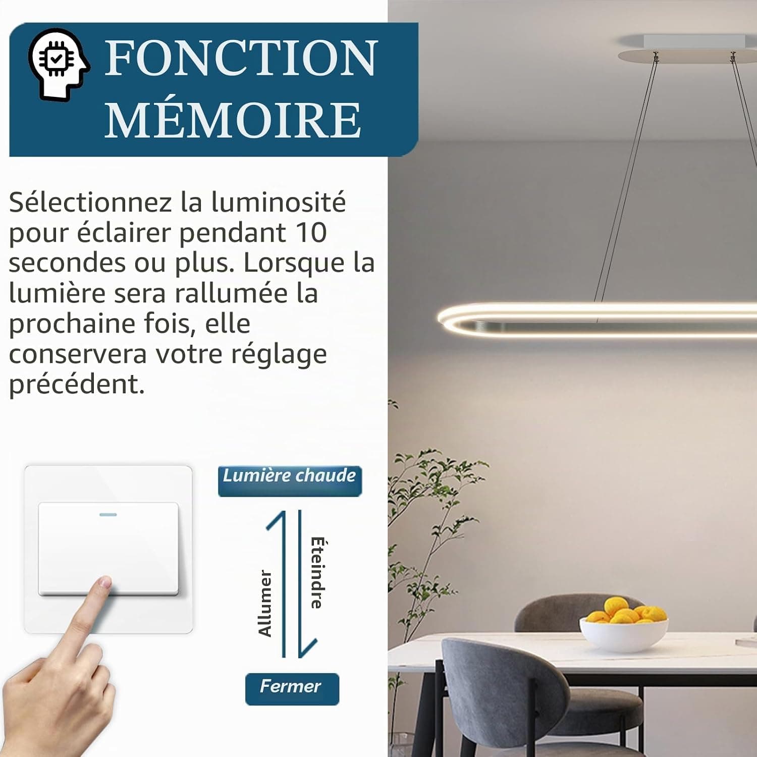 110cm Suspension Moderne Ovale Ajustable avec Télécommande, Luminosité Réglable de 10%-100%, Anti-Éblouissement avec Fonction Mémoire/Hauteur Ajustable
