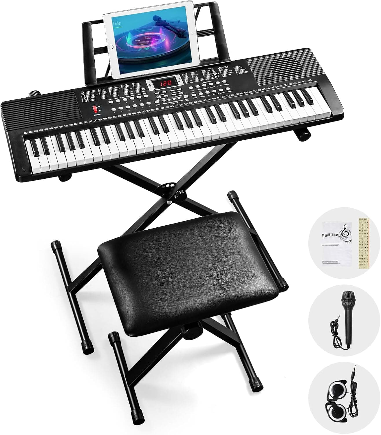 Bonnlo GEP-203 Clavier Piano 61 Touches avec Support & Tabouret de Piano, Haut-Parleurs Intégrés, Casque, Microphone, Pupitre, Écran LED, 3 Modes d'apprentissage pour Piano Débutants, Noir