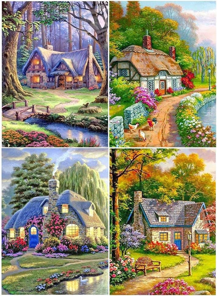 DCIDBEI Lot de 4 Peinture Diamant Paysage Adultes 40x50 cm Broderie Diamant Cottage aux Fleurs Tableau Diamant Kit Complet Adulte Diamond Painting Maison de Campagne
