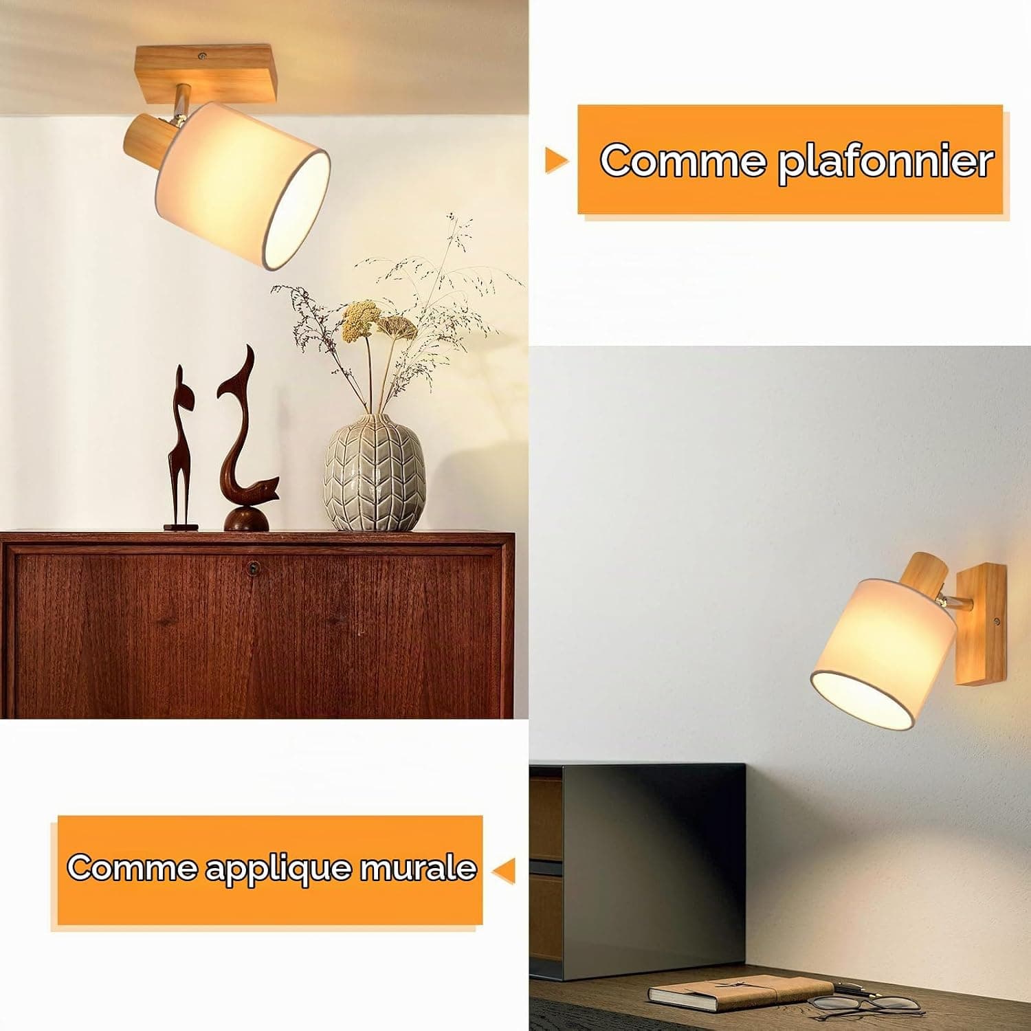 Glitzerlife Spot de Plafond Bois Applique Murale 1 Spot Plafonnier | LED Orientable E14 Vintage Luminaire Intérieurs pour Chambre Salon Cuisine Salle à Manger Max. 40 W(Sans Ampoules)