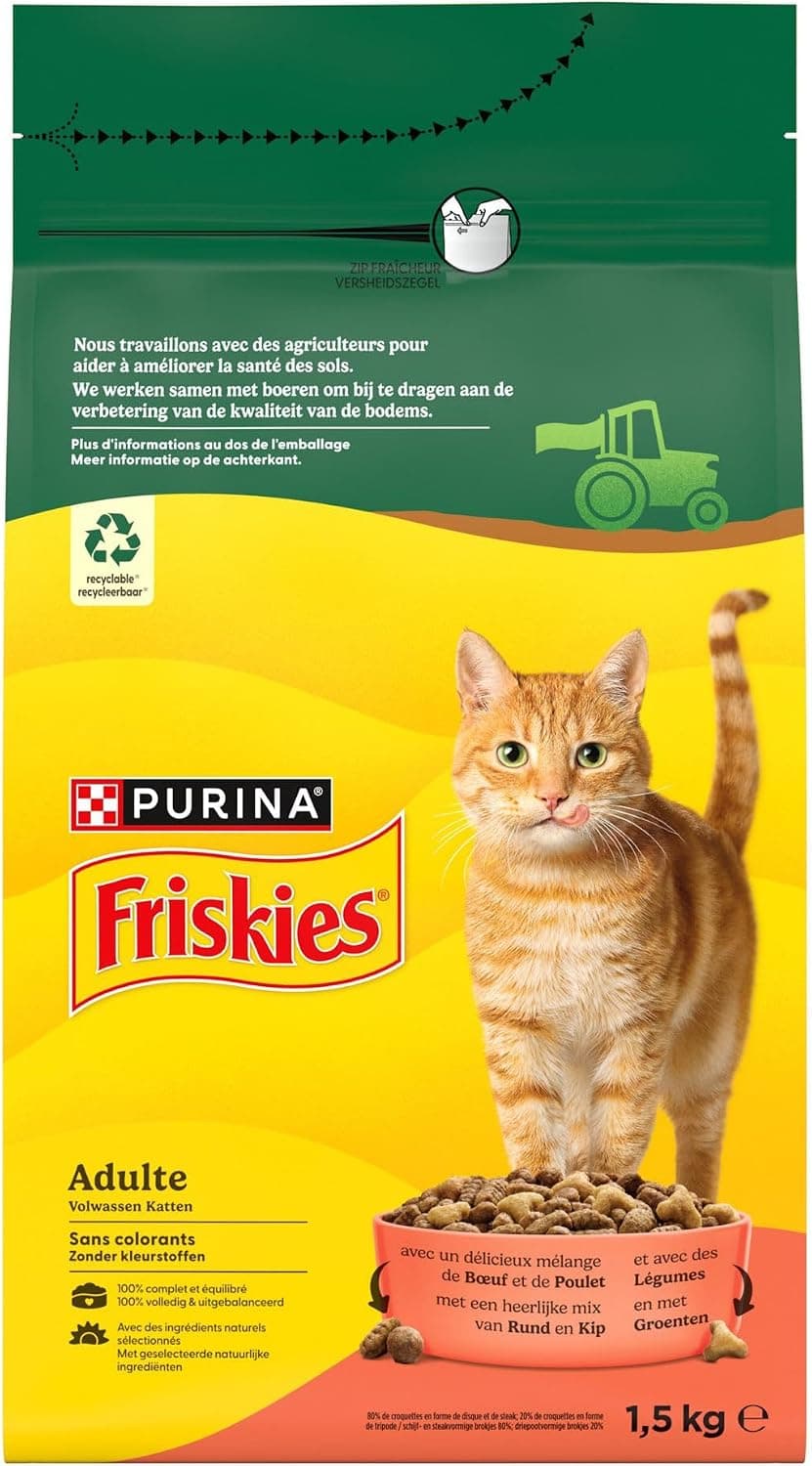 FRISKIES - Croquettes Chat Adulte Bœuf Poulet Légumes - Sac de 1,5 kg | Croquettes Chat Adulte Saveur Bœuf, Poulet, Légumes - Digestion saine, renforce les os et les dents - Santé Chat
