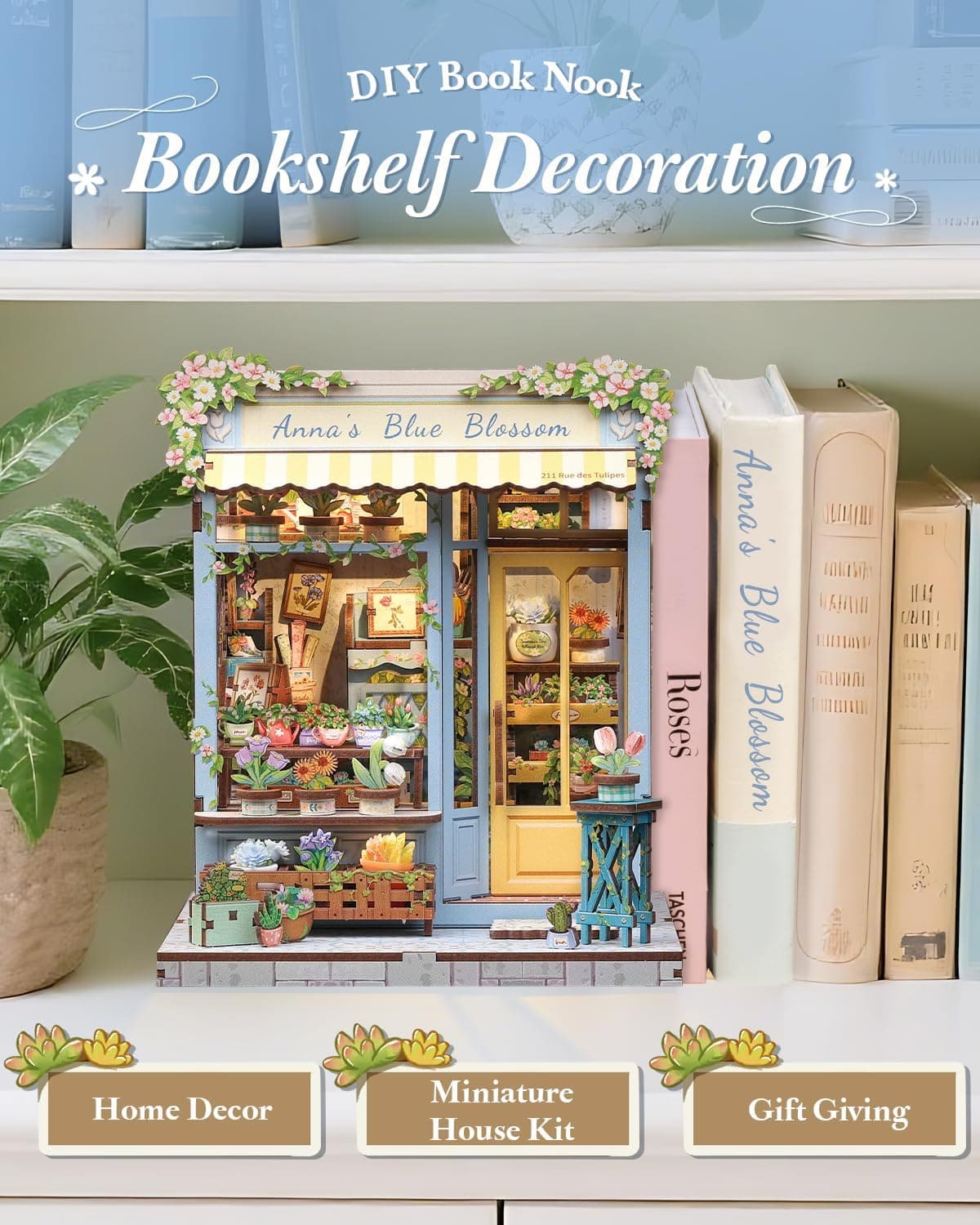 CUTEBEE Book Nook Kit-Maison de Poupée à Assembler Soi-Même, Serre-Livres en Bois 3D, Décoration Créative pour Bibliothèque, Cadeau (Anna's Blue Blossom)