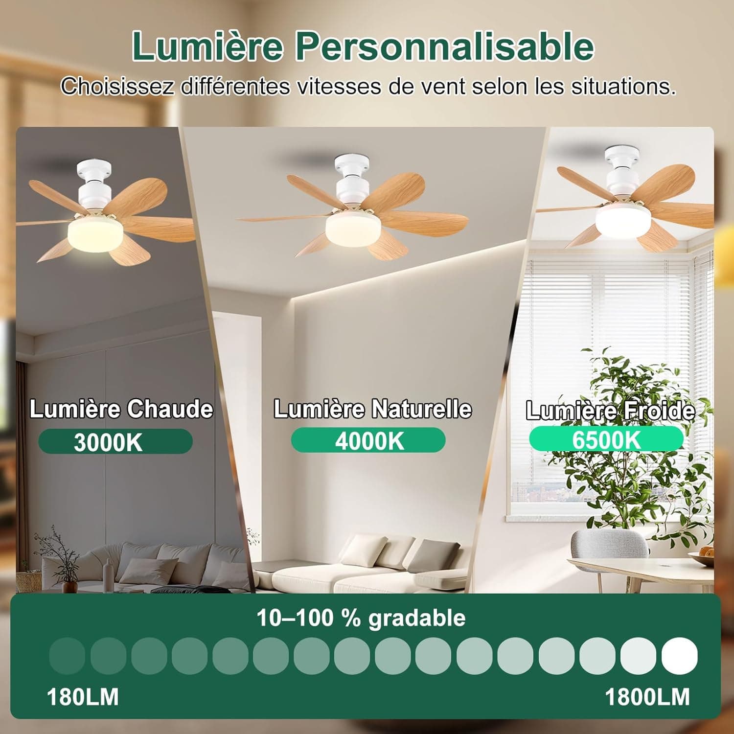 Ventilateur de Plafond avec Lumière et Telecommande, 52CM, Variateur 30W | 1800 Lumen 3000-6500K 3 Couleurs & 3 Vitesses, avec Douille E27, Petit Modèle pour Chambre, Cuisine