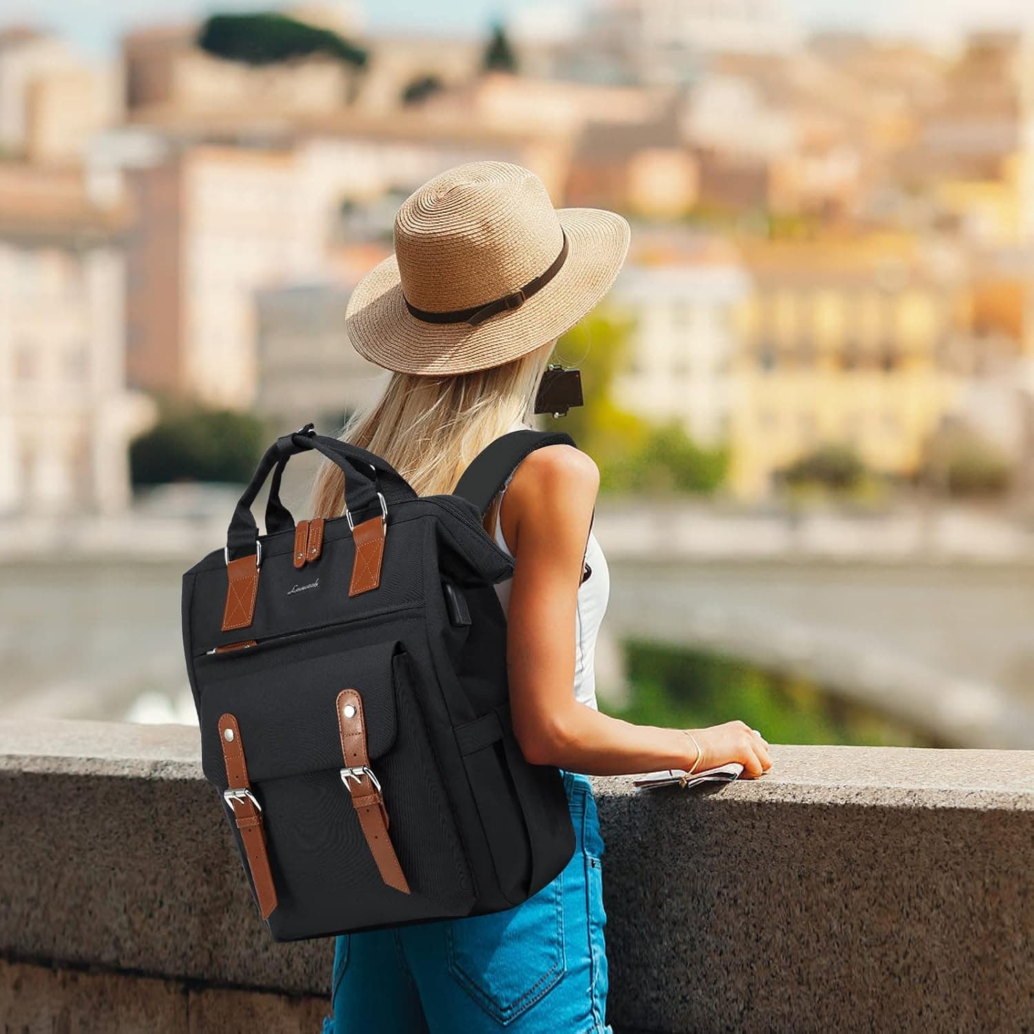 LOVEVOOK Sac a Dos Femme, Impermeable pour Ordinateur Portable 15,6 pouces | avec Étui pour Câble de Données avec Compartiment Ordinateur Séparé, Ordi Elegant pour Voyage College Travail Noir