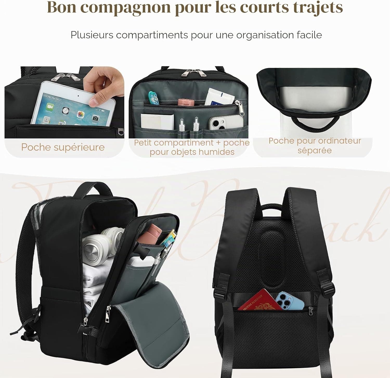 Yankony Sac a Dos Voyage Cabine Avion 45x36x20 Easyjet Bagages Cabine | avec Pochette Antivol Sac de Voyage Femme Résistant à l'eau Valise Bag Main 30L Sac à Dos pour Ordinateur Portable Quotidiens