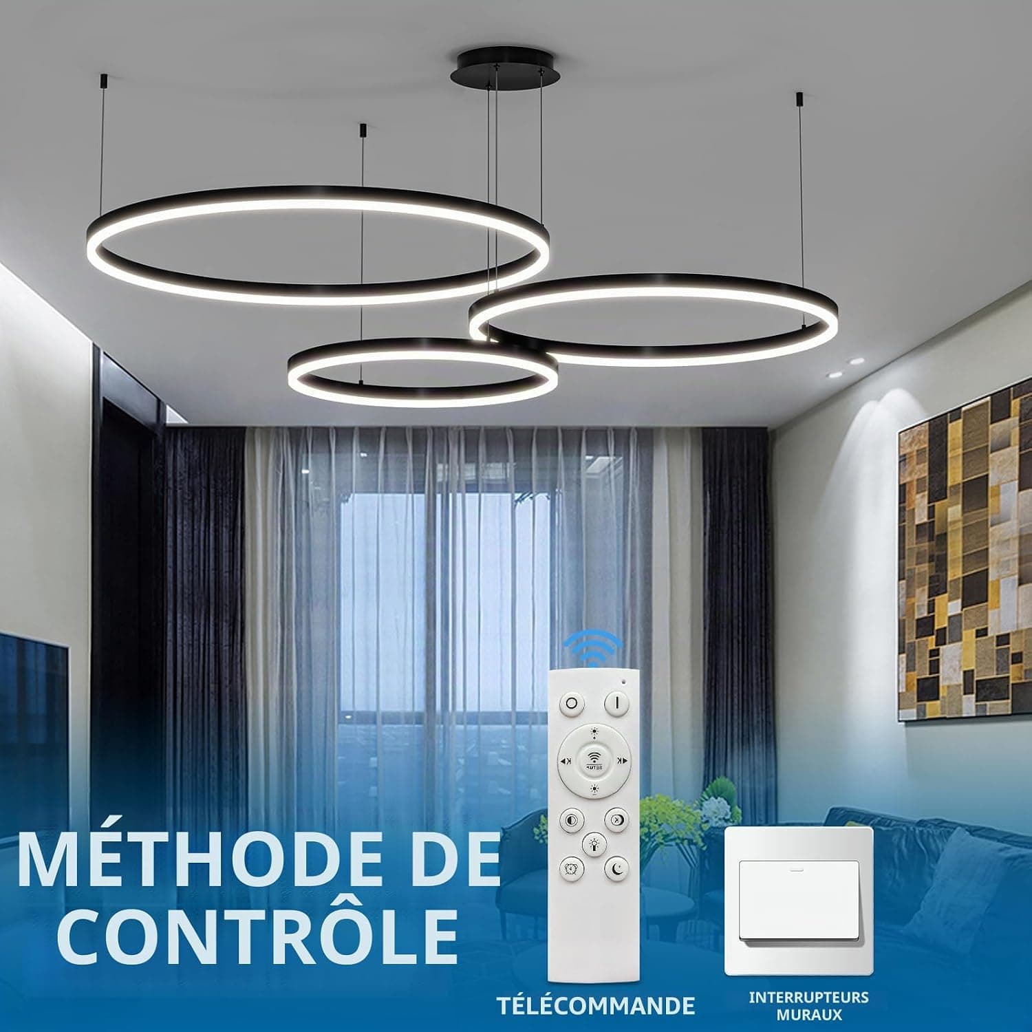 Mikeru 3 Anneaux Lampe Pendante Ronde, Suspension 20+40+60cm Lampe Pendante Télécommandée De 10% à 100% 3000k/4500k/6500k Plafonniers Modernes à Intensité Variable Pour Salon, Librairie