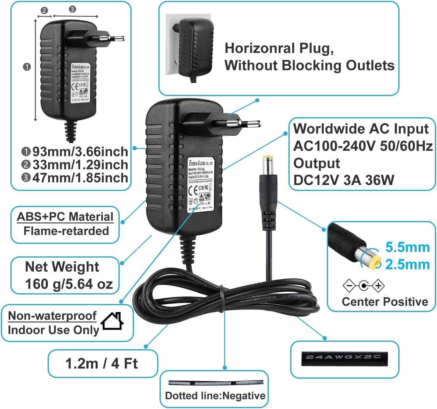 EFISH DC 12V 3A 36W Netzteil,Netzstecker für 12V Kleine elektronische Geräte,CCTV-Kamera,WLAN-Router,Hub,LED-Streifen,Telekom,Speedport,Scanner,Schalter,Türklingel+7 Verschiedene DC-Stecker