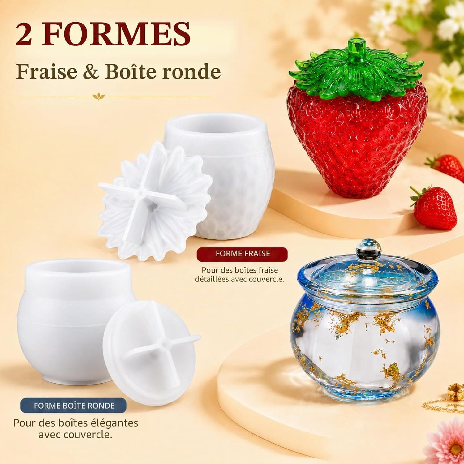 Moules en Resine Epoxy de Fraise de Silicone Moule de Rangement de Resine Epoxy avec Couvercle, DIY Moule pour Organisateur, Boîte à Bijoux, Pot de Fleur, Décoration de Table