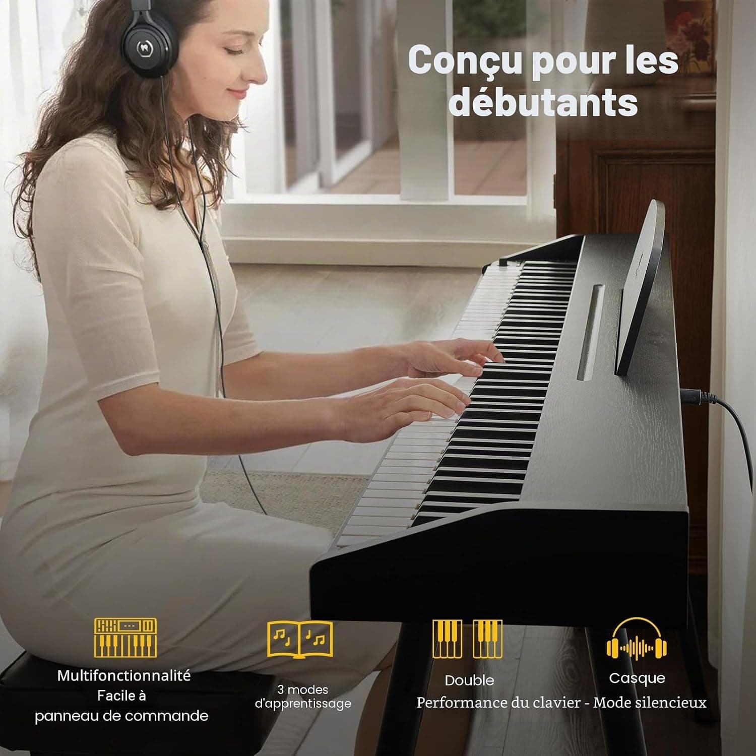 MUSTAR Piano numérique 88 touches pour débutants, clavier piano taille complète avec 3 unités de pédale, piano électrique portable, piano numérique pour la maison avec MIDI-USB et support, Noir