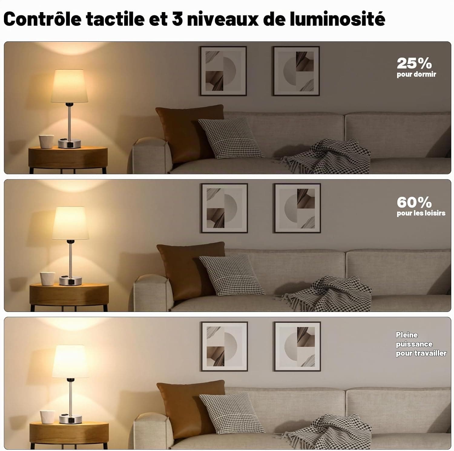 Kakanuo Lampe de Chevet Tactile avec Ports USB-A+C+Prise CA 2 Ampoules, 3 Intensité Variable, Abat-jour en Lin Blanc Base Argentée Givrée, Lampes de Table pour Chambre Salon D'enfant Bureau