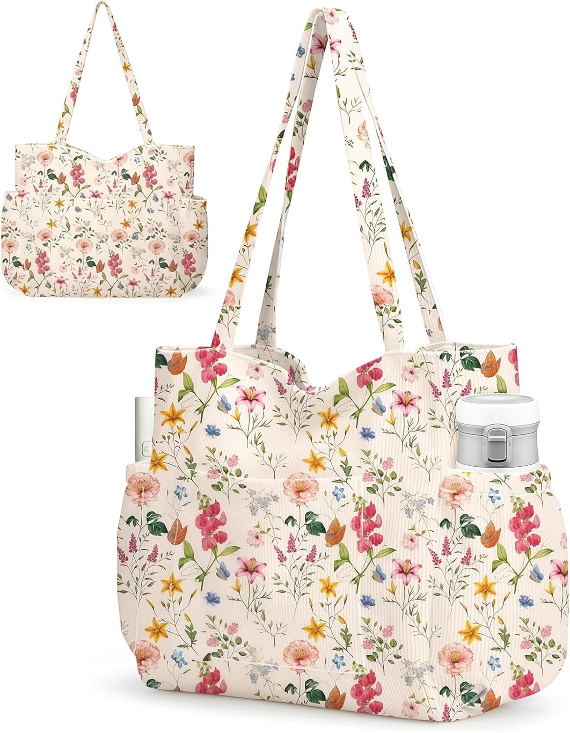 Grande Sac Shopping en Côtelé pour Femmes – Joli Sac à Épaule Aesthétique, Sac en Toile Réutilisable avec Fermeture Éclair et Poches Multiples pour Travail École Gym Voyage