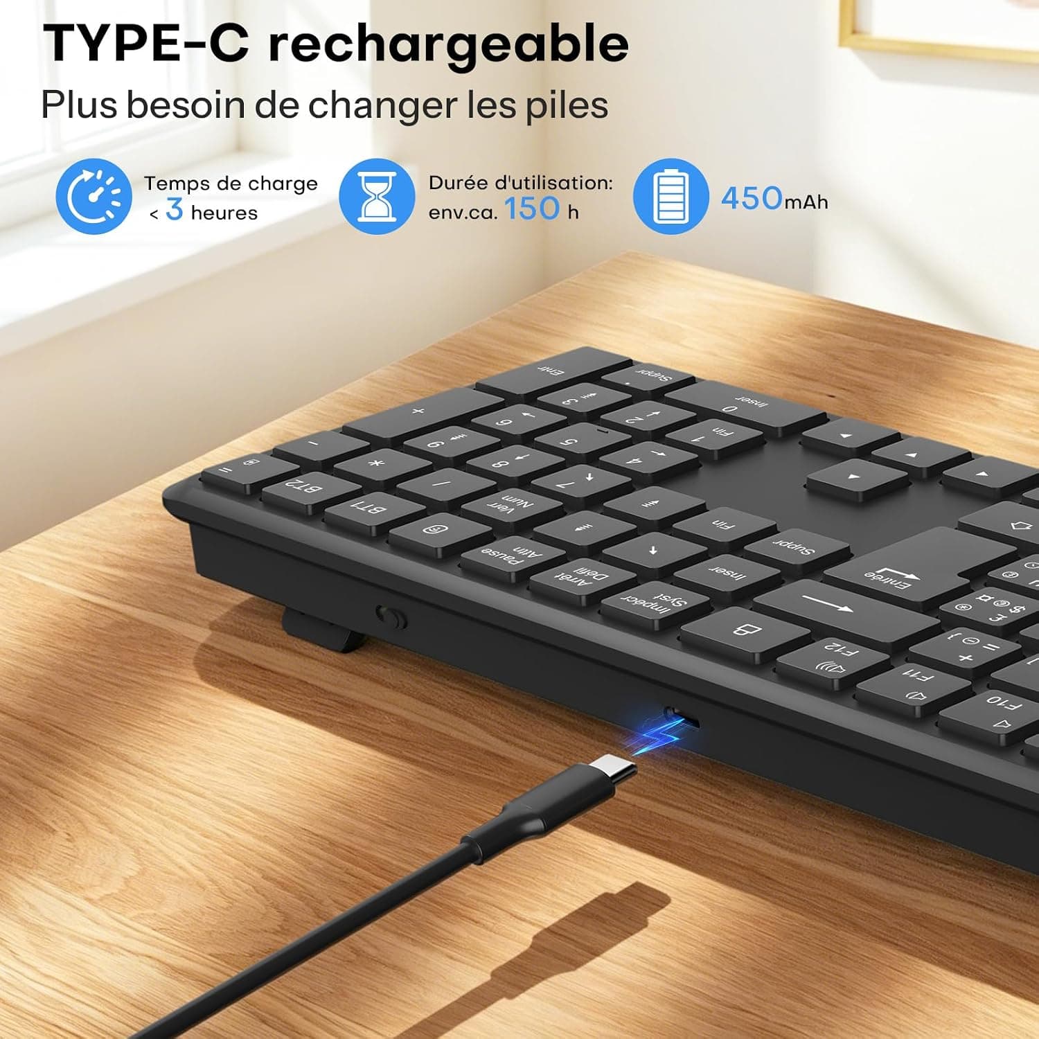 OMOTON Clavier sans Fil Bluetooth + 2.4G AZERTY pour PC/Windows/Mac, Noir | 3 Canaux Multi-appareils, Pleine Taille, Rechargeable USB-C, Ultra-Mince, Silencieux, Les Ciseaux, Ergonomique