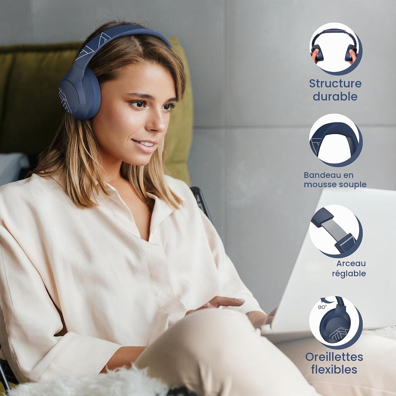 PowerLocus Casque Bluetooth sans Fil, 50 h de Jeu, Casque Audio Bluetooth 5.3 avec 4 Modes EQ, Pliable, HiFi Stereo, avec Microphone pour iPhone/Voyage/PC (Bleu)