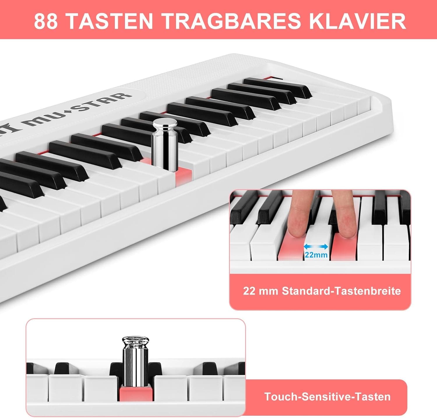 MUSTAR Piano numérique pliable 88 touches avec touches éclairées, piano numérique semi-poids, piano électronique portable avec Bluetooth, MIDI, pédale de sustain, casque pour débutants, blanc