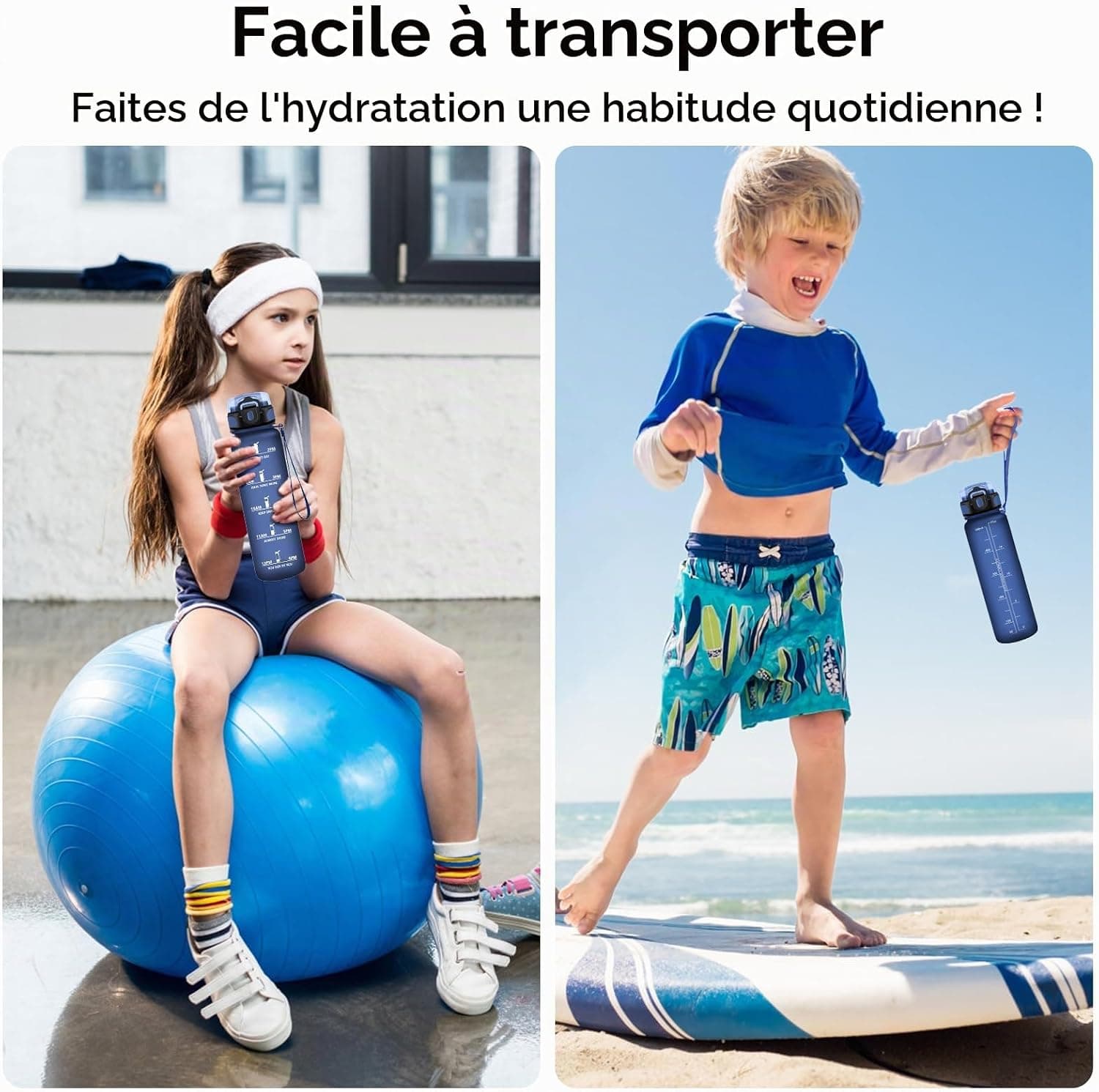 KollyKolla Gourde 500ml, Bouteille d'eau Enfant, Étanche & Réutilisable, Gourde Sport avec Marqueur de Temps, sans BPA, Gourde Motivation pour Enfant, Adulte, Cyclisme, Bureau, l'école, Camping