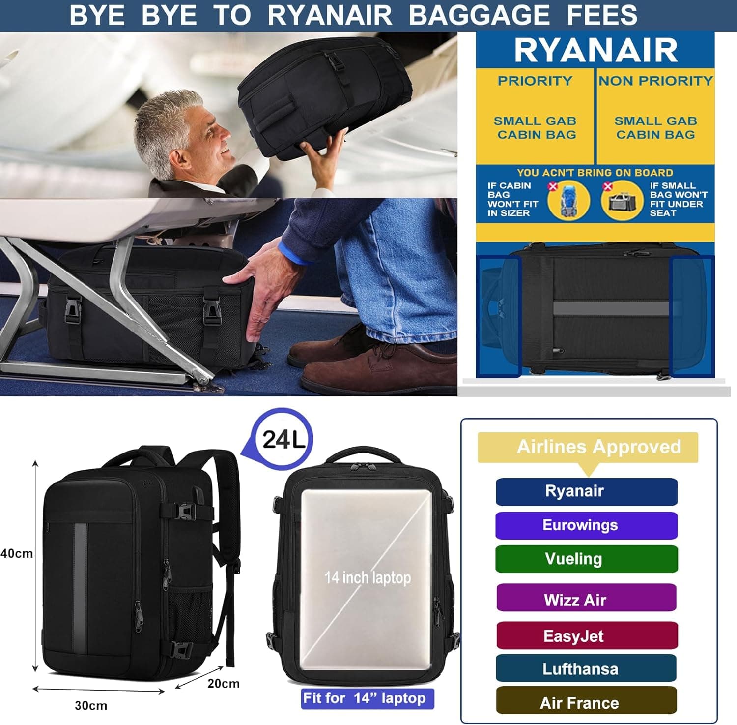 Bagage Cabine 40x30x20 Pour Ryanair Sac a Dos Voyage Cabine Avion pour Wizzair Eurowings 24L Sac 40x30x20 Bagage à Main avec USB Charging Port Sac à Dos Ordinateur Portable 14 Pouces Homme Femme Noir