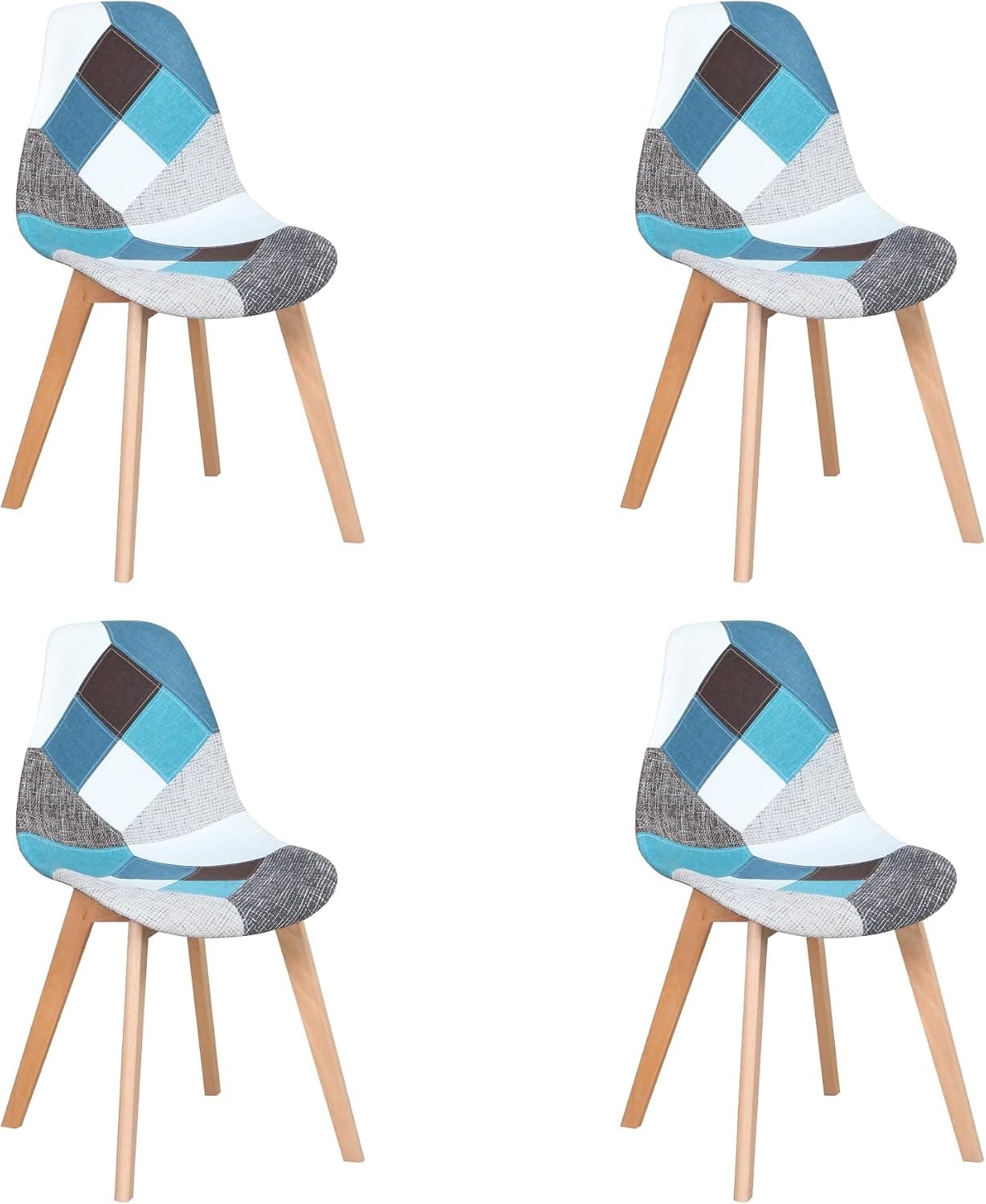 Lot de 4 chaises de Salle à Manger, Fauteuil scandinave Patchwork rembourré pour Cuisine et Bureau, Coussin de siège en Coton et Lin, Pieds croisés en hêtre (Bleu, 4)