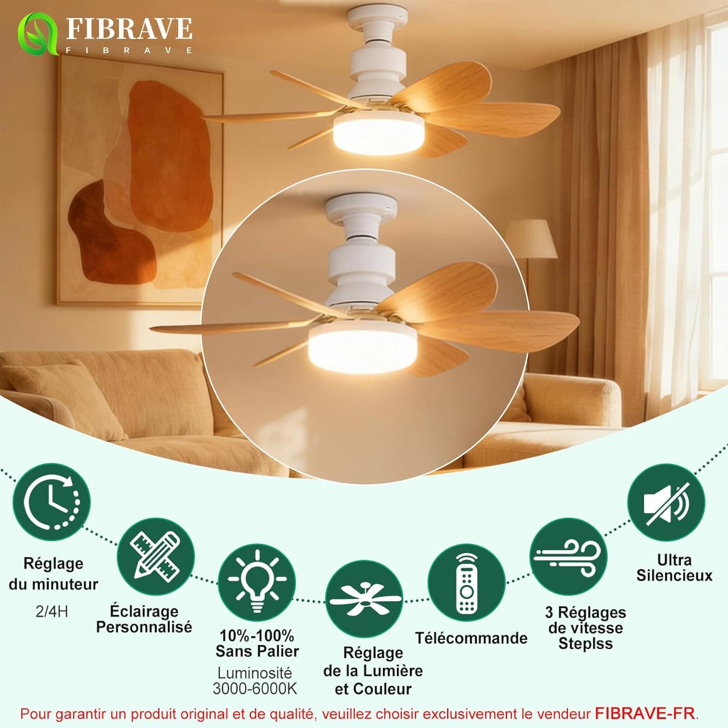 Ventilateur de Plafond avec Lumière et Telecommande, 52CM, Variateur 30W | 1800 Lumen 3000-6500K 3 Couleurs & 3 Vitesses, avec Douille E27, Petit Modèle pour Chambre, Cuisine