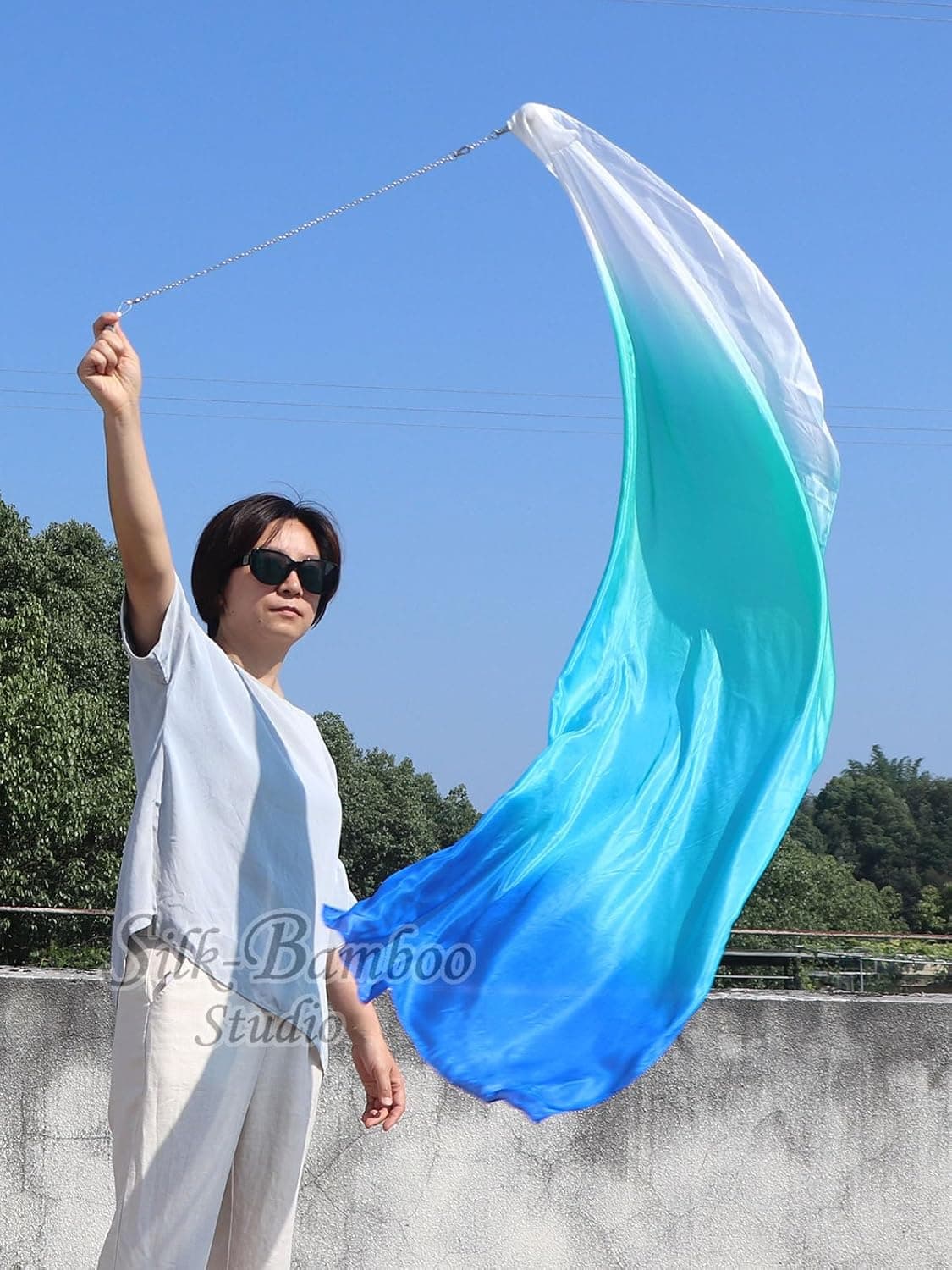 Winged Sirenny Voile Poi de Danse Orientale en Soie 135cm, Foulard POÏ pour Danse du Ventre (Baladi), Spectacle et Flow Art. Chaîne en Acier avec 3 Émerillons et Sac Inclus