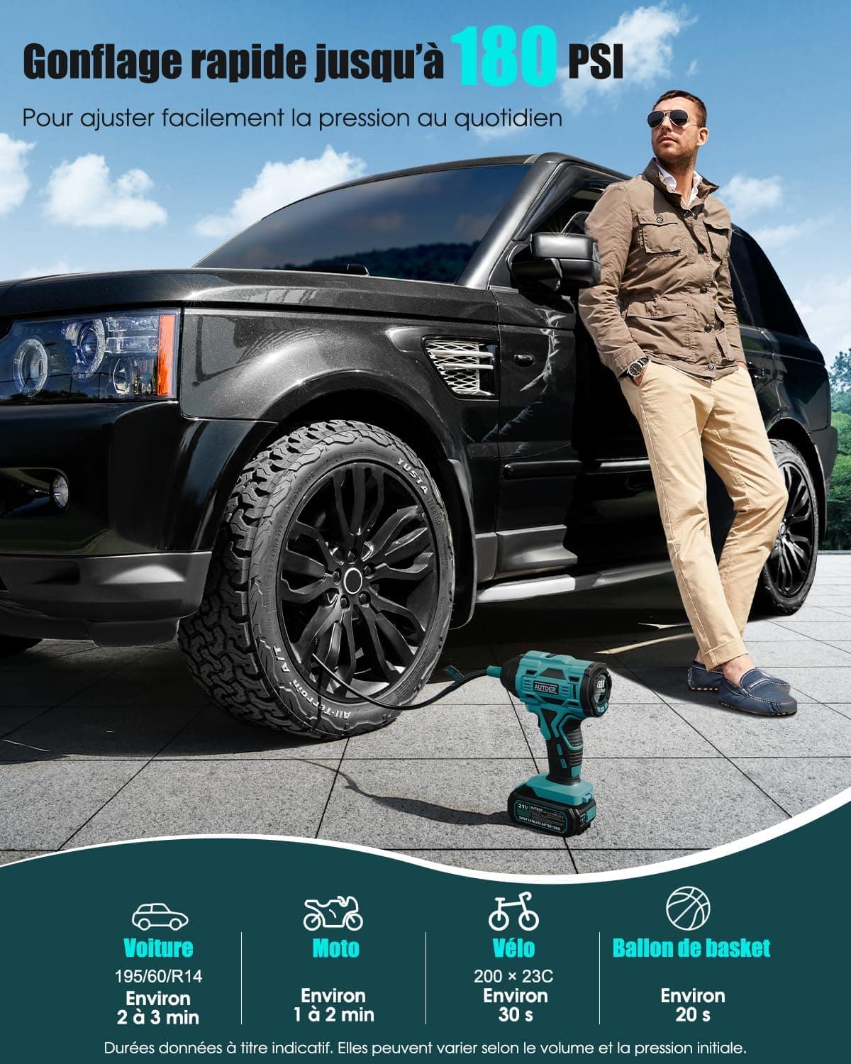 AUTDER Gonfleur Pneus 180 PSI Sans Fil avec Arrêt Automatique