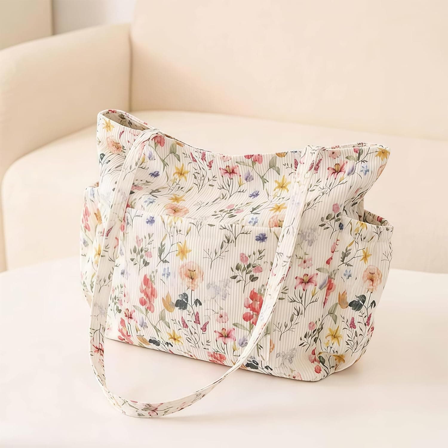 Grande Sac Shopping en Côtelé pour Femmes – Joli Sac à Épaule Aesthétique, Sac en Toile Réutilisable avec Fermeture Éclair et Poches Multiples pour Travail École Gym Voyage