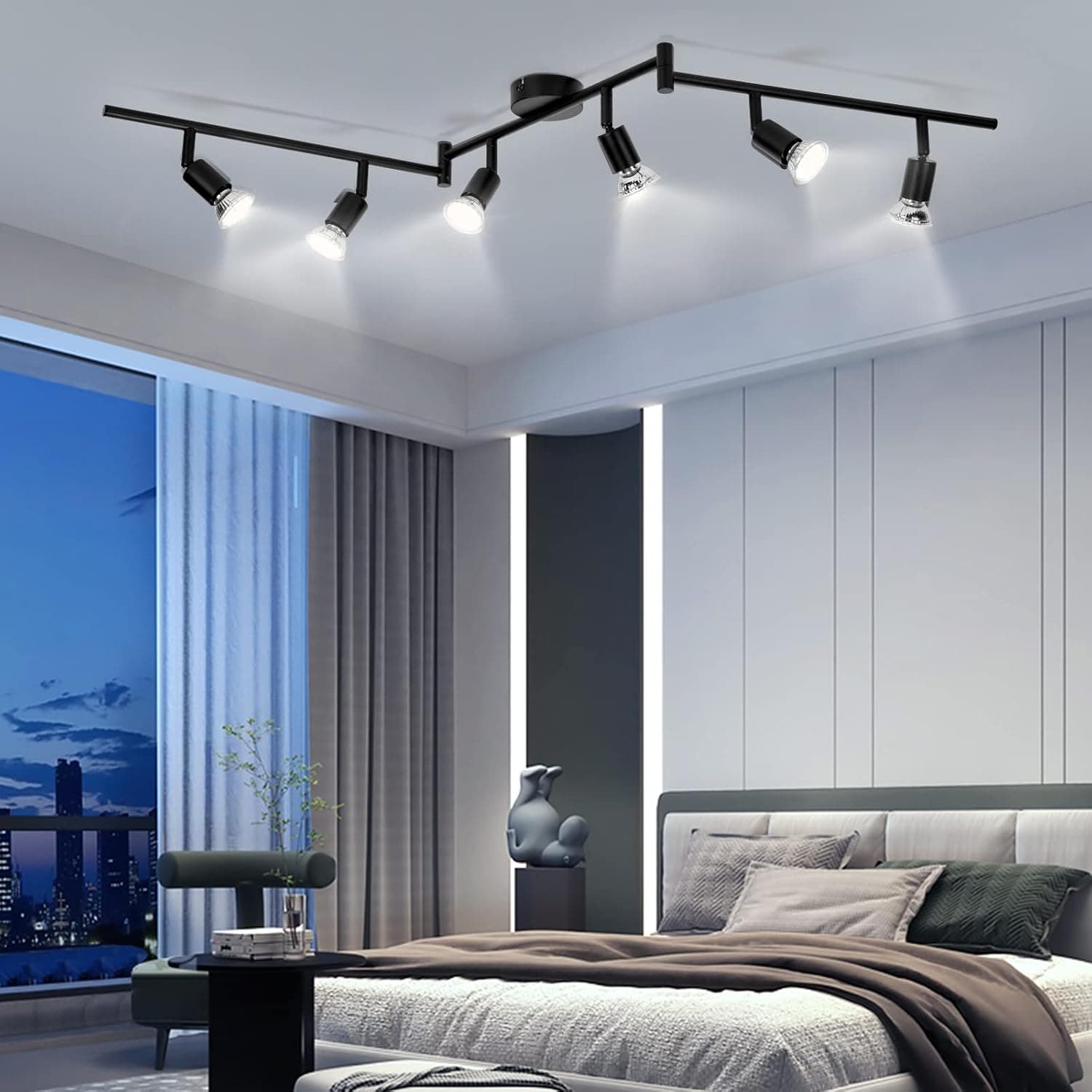 wowatt Plafonnier 6 Spots LED Noir avec GU10 5W Blanc Froid 6000K Ampoules | Moderne Rampe Interieur Plafond Orientable, Rail Luminaire Plafonnier Spot pour Chambre Salon Salle à Manger Cuisine Couloir