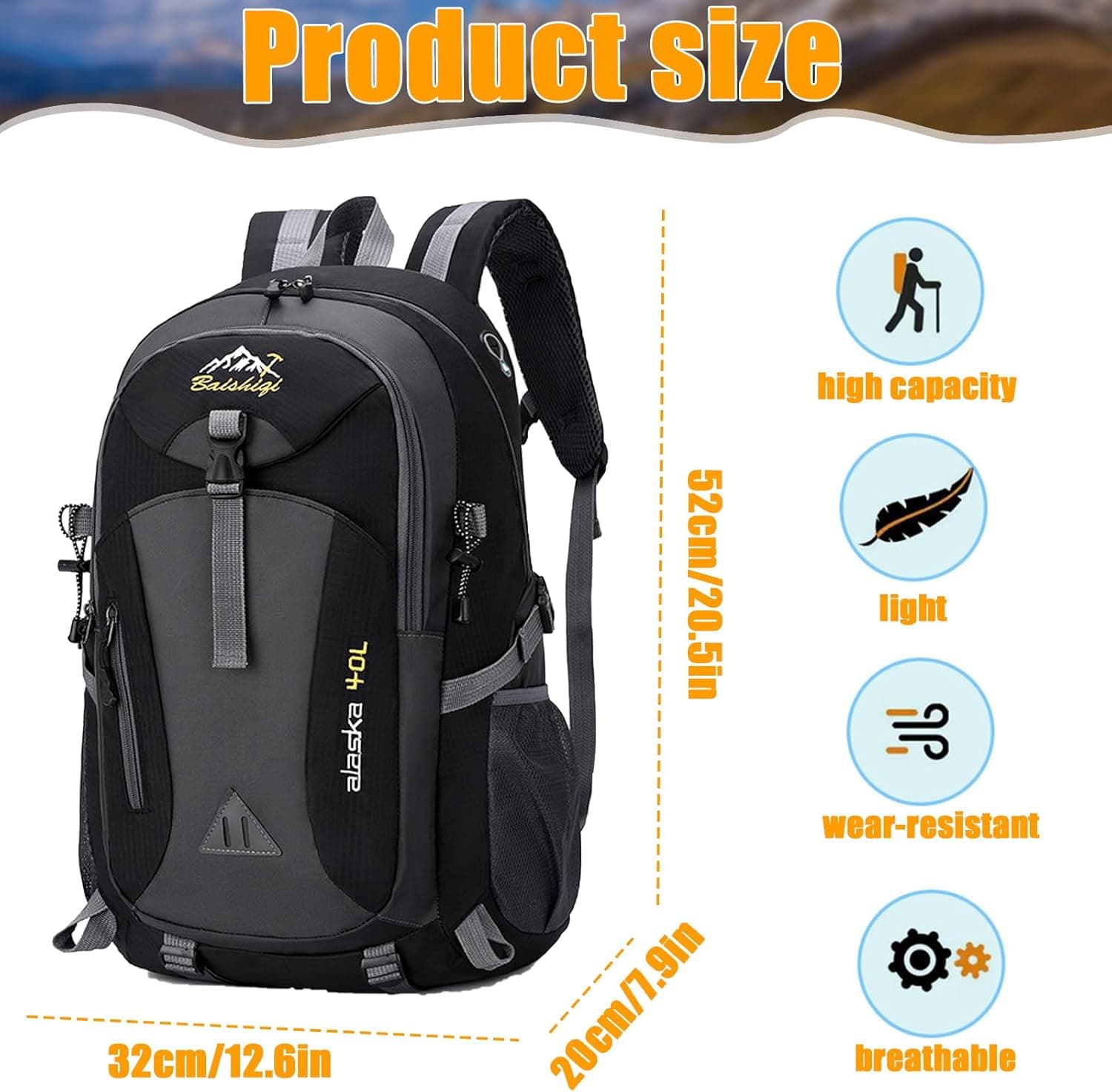 40L Grand Volume Sac à Dos Multifonction, Sac a Dos Randonnee Homme Femme,École/Trekking/Randonnée/Camping/Voyage/Pêche/Escalade/Alpinisme/Alpinisme ou Utilisation Quotidienne