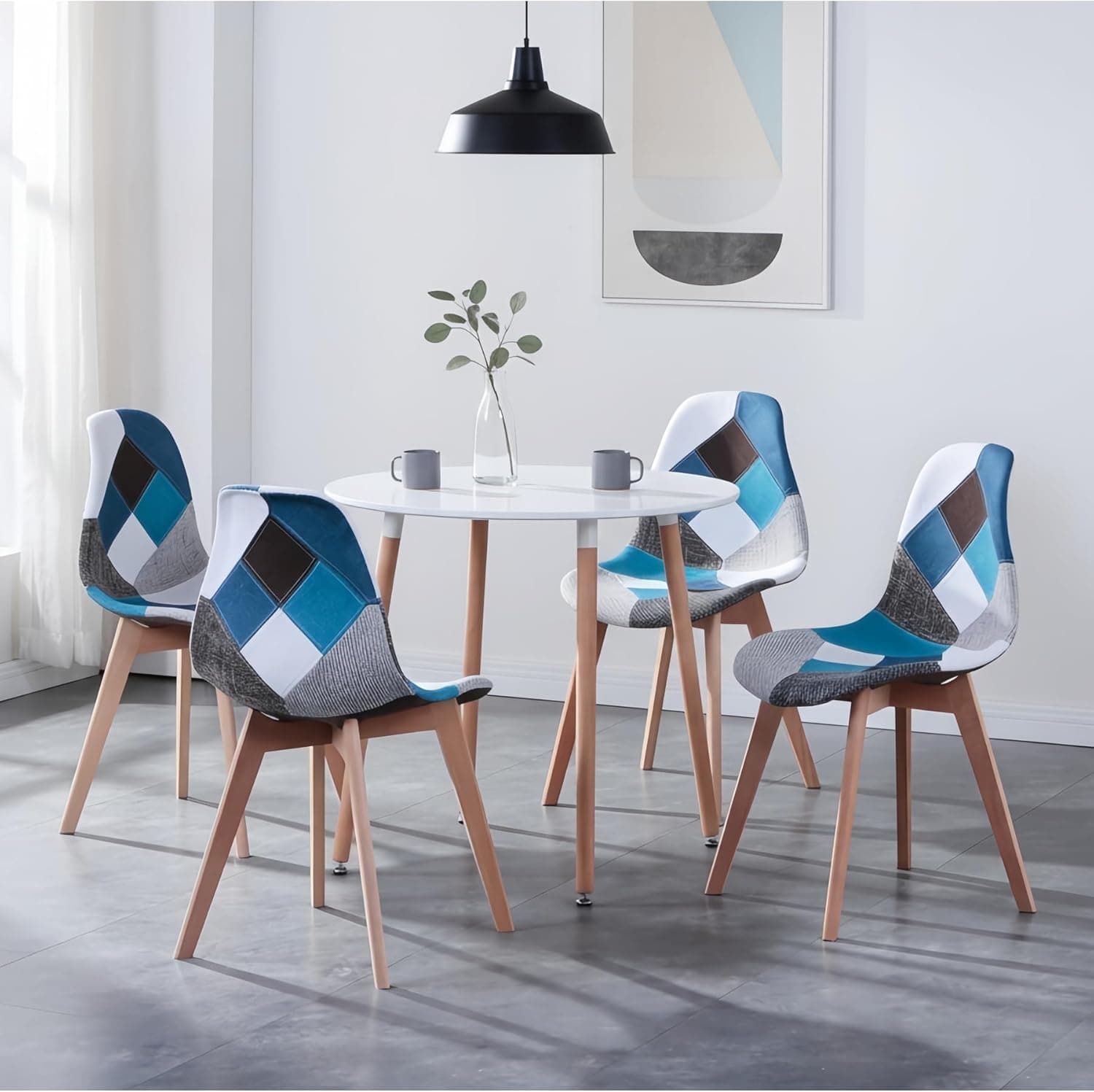 Lot de 4 chaises de Salle à Manger, Fauteuil scandinave Patchwork rembourré pour Cuisine et Bureau, Coussin de siège en Coton et Lin, Pieds croisés en hêtre (Bleu, 4)