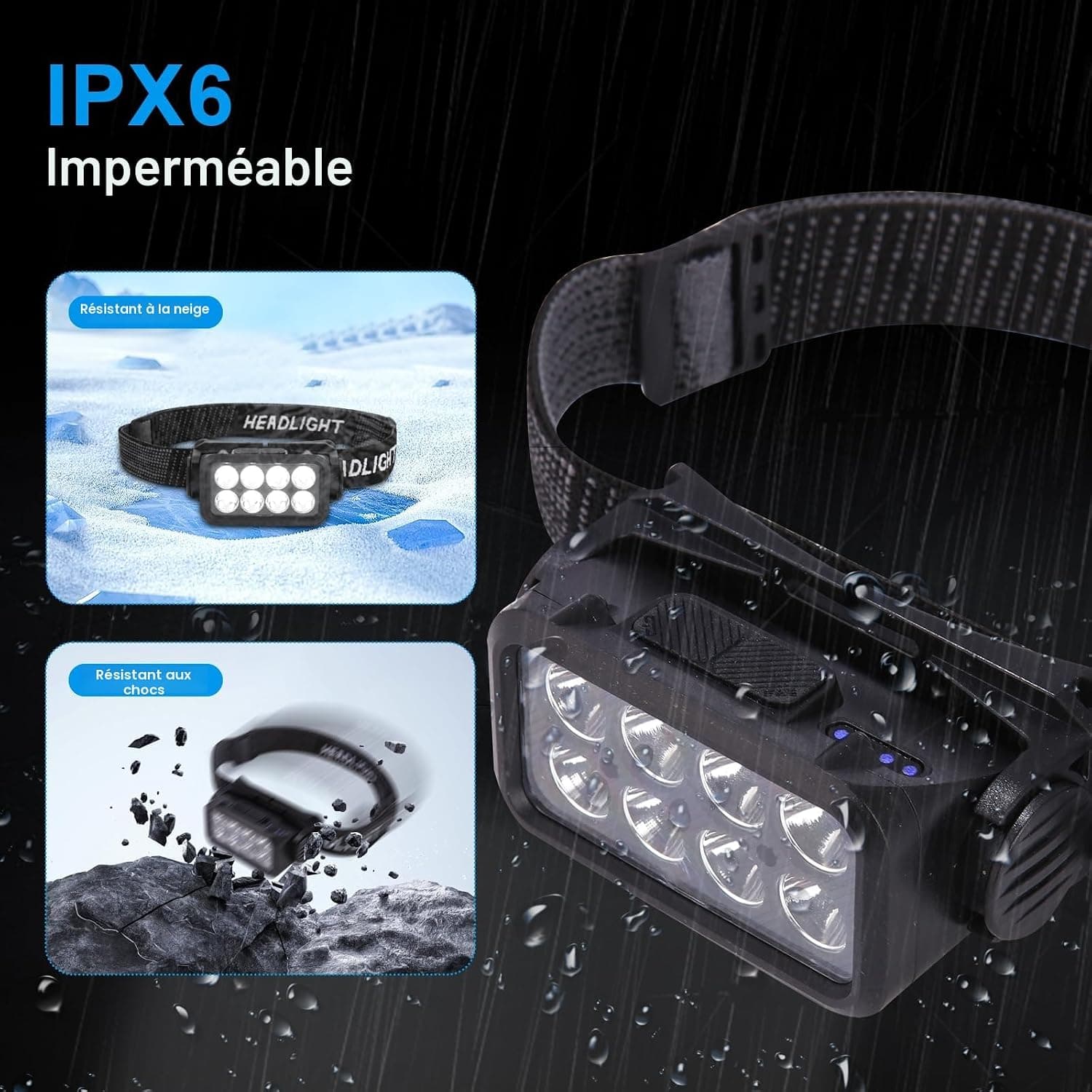 Lot de 2 lampes frontales LED rechargeables 2500 lumens IPX6 étanches