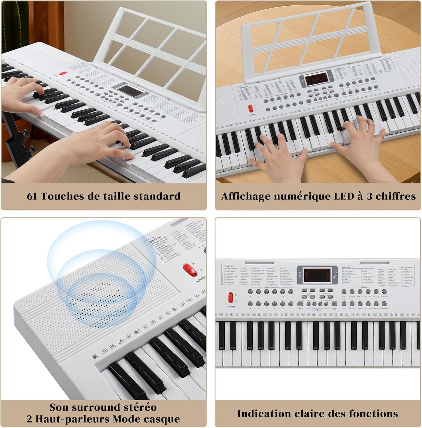 LALAHO Clavier Piano 61 Touches avec Support de Clavier, Banc de Piano, Piano Numérique avec Casque, Pupitre, Microphone, Écran LED, pour Débutants (Blanc)