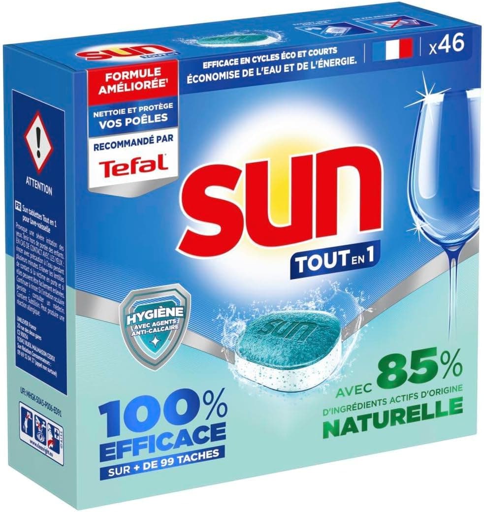 SUN - pastilles lave-vaisselle Tout en 1 Hygiène - 46 tablettes - avec 85% d'ingrédients d'origine naturelle - 100% efficace sur + de 99 taches