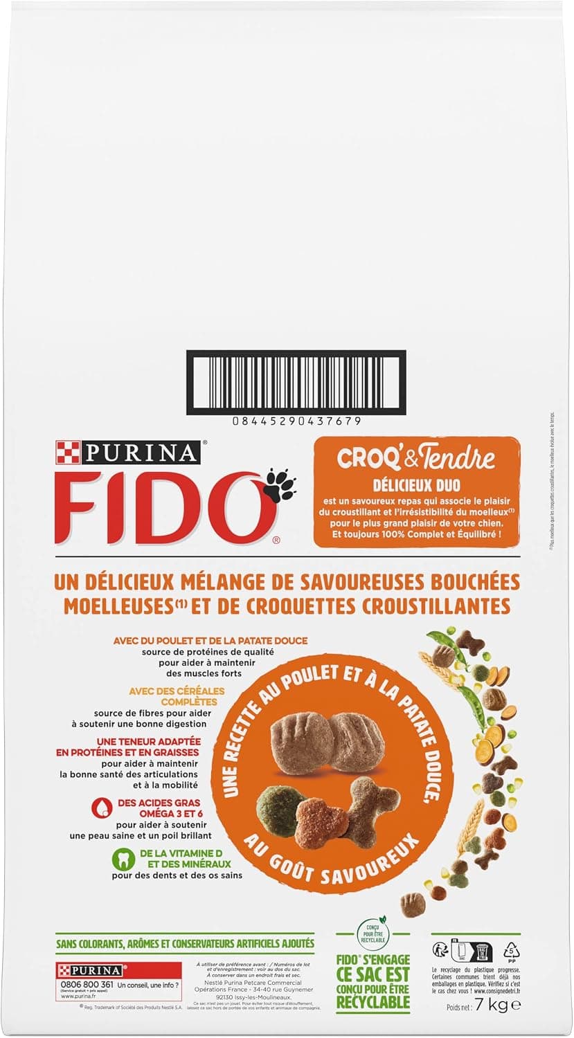 FIDO Croq et Tendre - Croquettes Chien Poulet Patate Douce - Sac de 7 kg | Croquettes Chien Saveur Poulet Patate Douce - Enrichi en oméga 3 et 6 pour la peau et les Muscles - Alimentation Chien