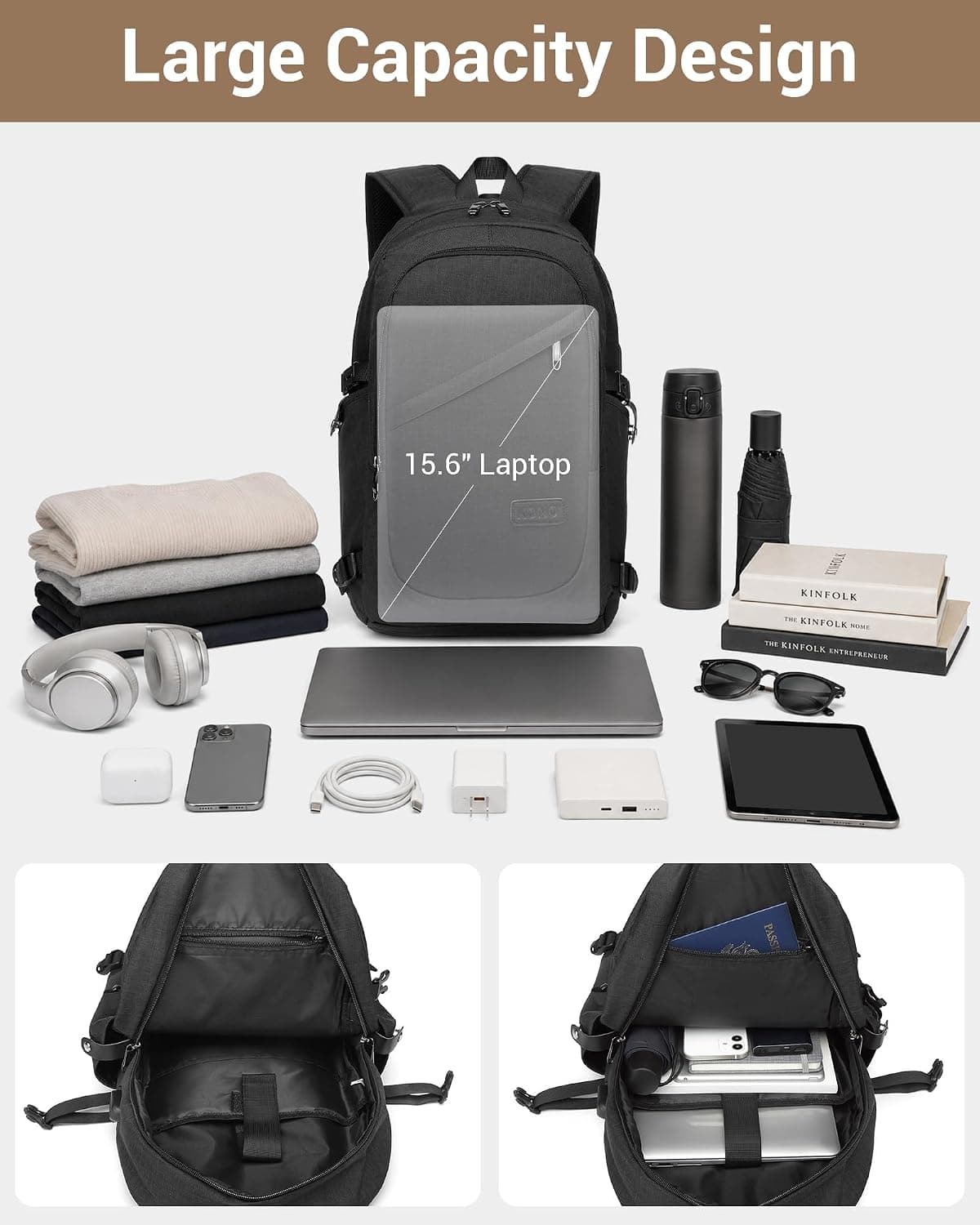 Kono Sac à Dos Ordinateur Portable Antivol avec Cadenas 15,6 Pouces Homme | Port USB, Compartiment PC Rembourré, Sac à Dos PC Portable, Homme Femme, Travail, Voyage, Vélotaf, Université, Noir