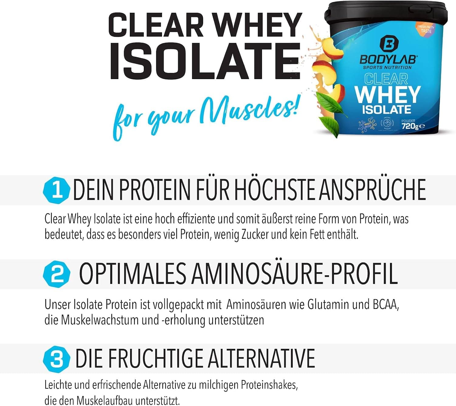 Bodylab24 Clear Whey Isolate Mojito 1200 g, shake protéiné composé jusqu'à 96 % d'isolat de protéines de lactosérum de qualité supérieure, boisson fruitée rafraîchissante, la poudre de protéines de