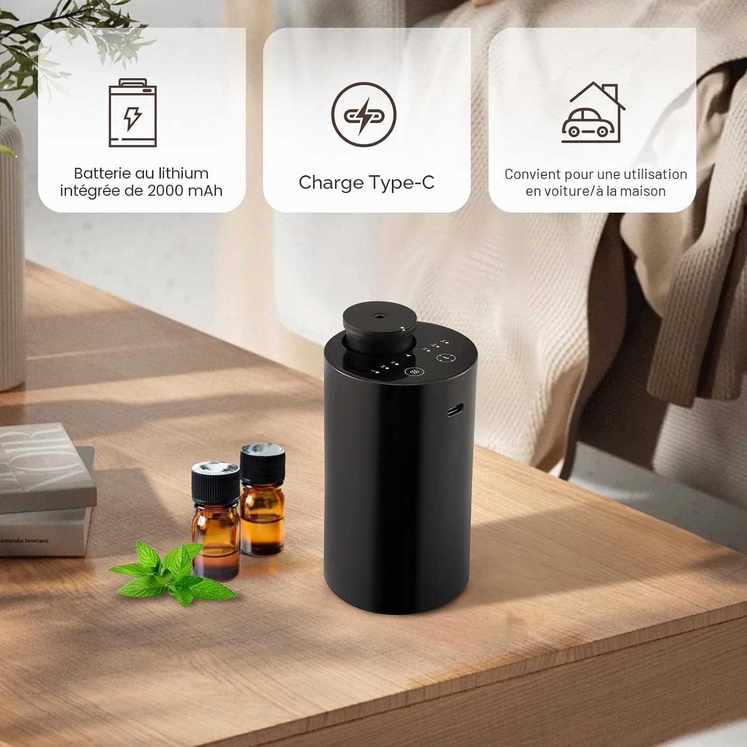 UrbanHomes Diffuseur Huiles Essentielles, Huile Essentielle, Diffuseur Parfum Maison, Huile Essentielle pour diffuseur, Diffuseur Electrique Parfum Maison, avec 3 Modes, Fonction USB Portable, Noir