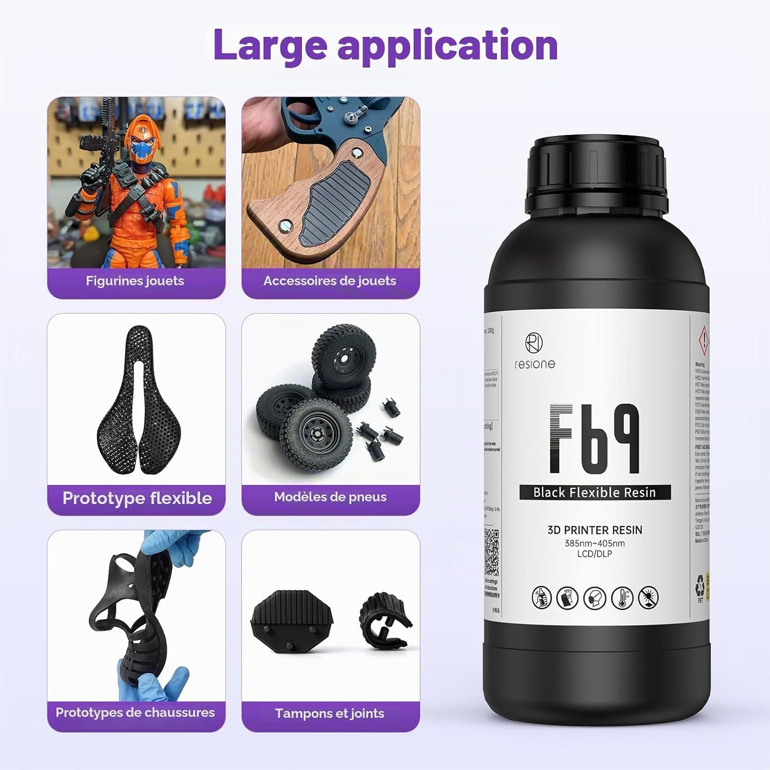 RESIONE Résine d'imprimante 3D flexible, 405nm Résine DLP LCD MSLA à durcissement UV Caoutchouc comme TPU comme résine photopolymère pour l'impression LCD (F69 Noir 1kg)