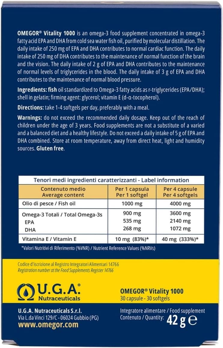 Omegor Vitality 1000 - Supplément alimentaire avec 90% des oméga 3 sous forme de triglycérides - avec de la vitamine E - pour le cœur, la vision et le cerveau en santé - 30 gélules