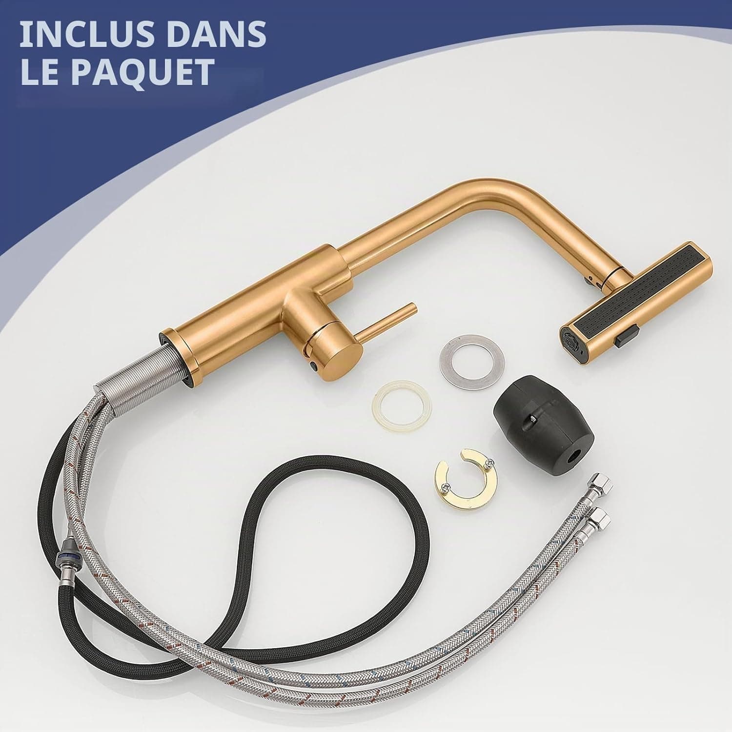 AIMADI Robinet de Cuisine Doré Élégant avec Flexibilité et 3 Jets - Robinet Évier Mitigeur à Poireau Pulvérisateur Extractible (Jet d'Eau, Cascade, Douche)
