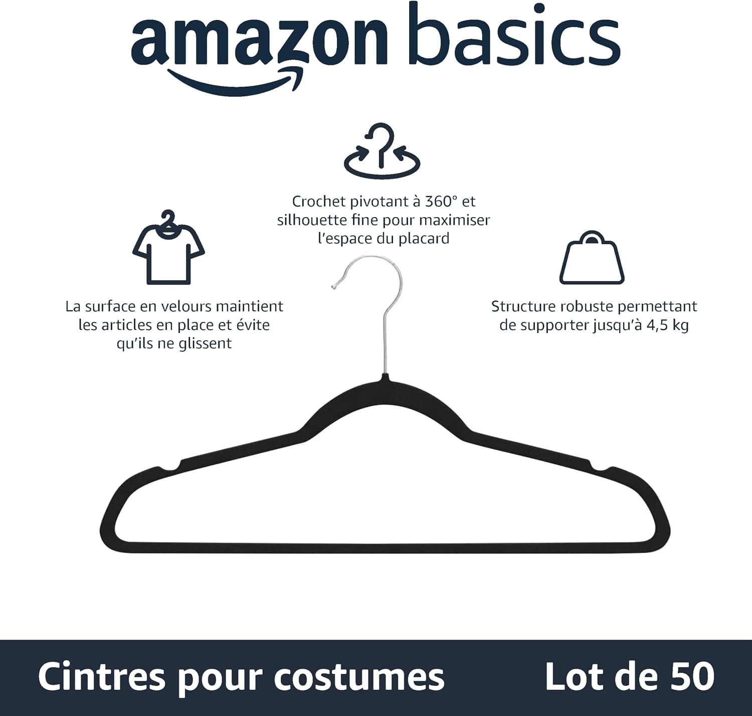Amazon Basics Lot de 50 cintres en Velours pour Costumes Noir