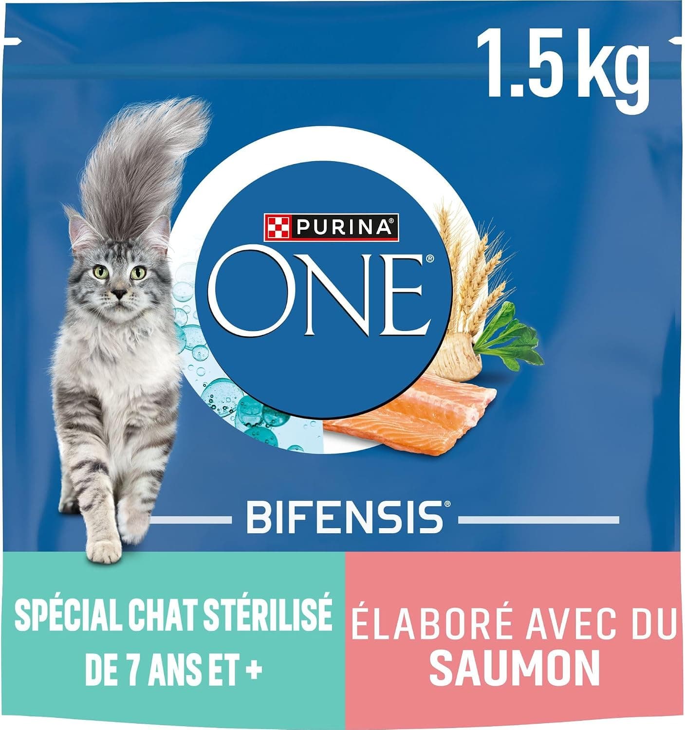 PURINA ONE Bifensis - Croquettes Chat Senior 7+ au Saumon - Sac de 1,5 kg | Croquettes Chat Senior Saveur Saumon - Soutient les fonctions vitales, l'immunité et protège le microbiome - Santé Chat