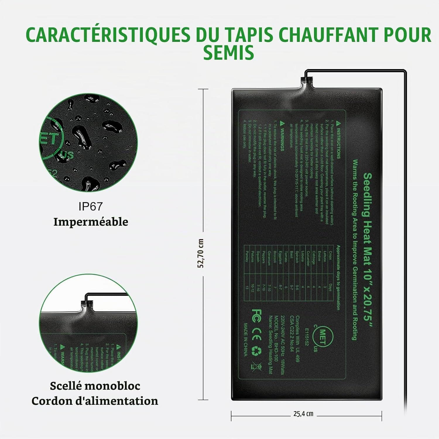 Electronique Tapis Chauffant 24x52cm, coussin de chauffage hydroponique imperméable pour l'usine de reptile de graine avec la protection contre la puissance sûre et durable CE certifié(Paquet de 2)