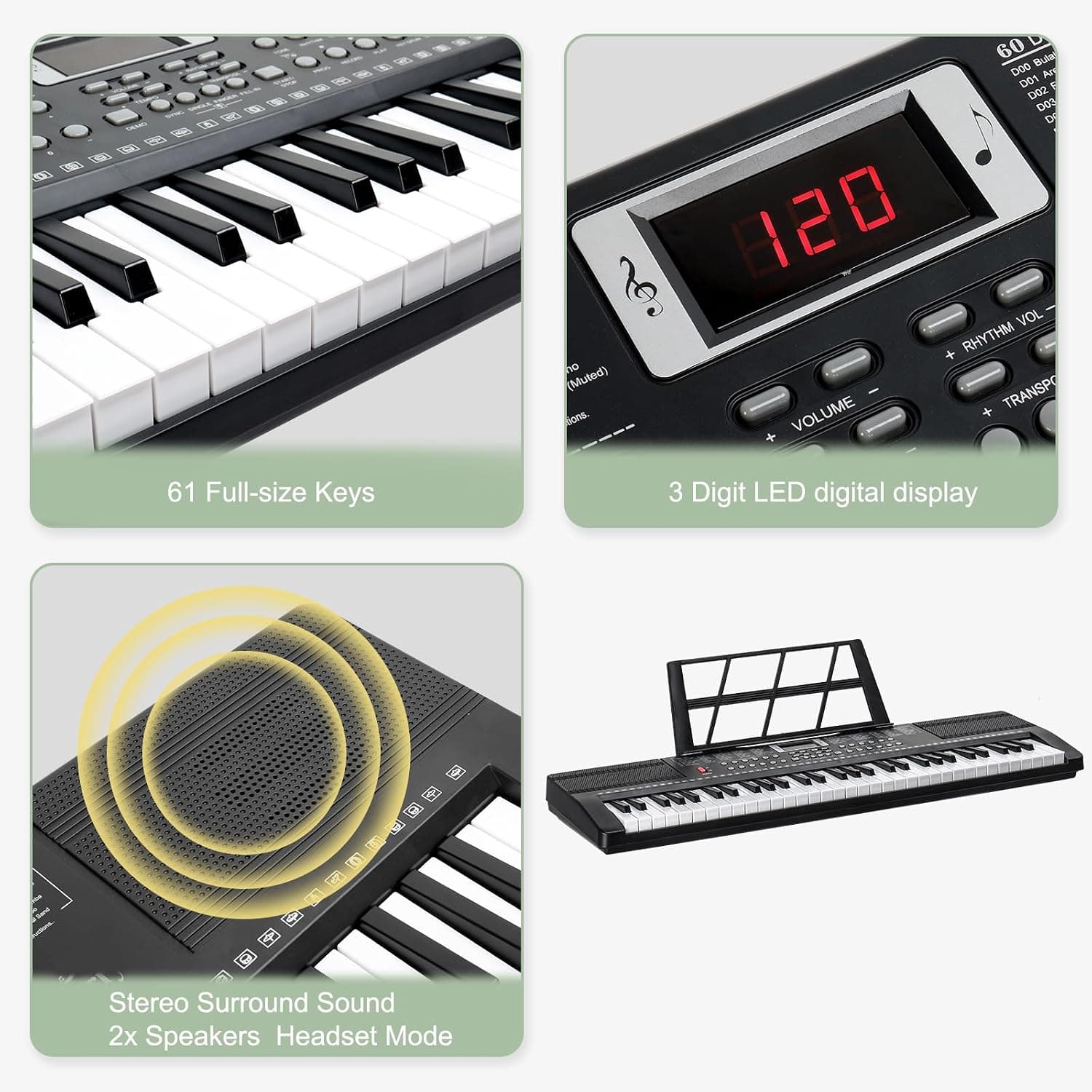 LEADZM Clavier Piano 61 Touches, Piano Numérique avec Support de Clavier, Banc de Piano, Pupitre, Casque, Microphone, Écran LED, 3 Modes D'apprentissage pour Débutants (Noir)