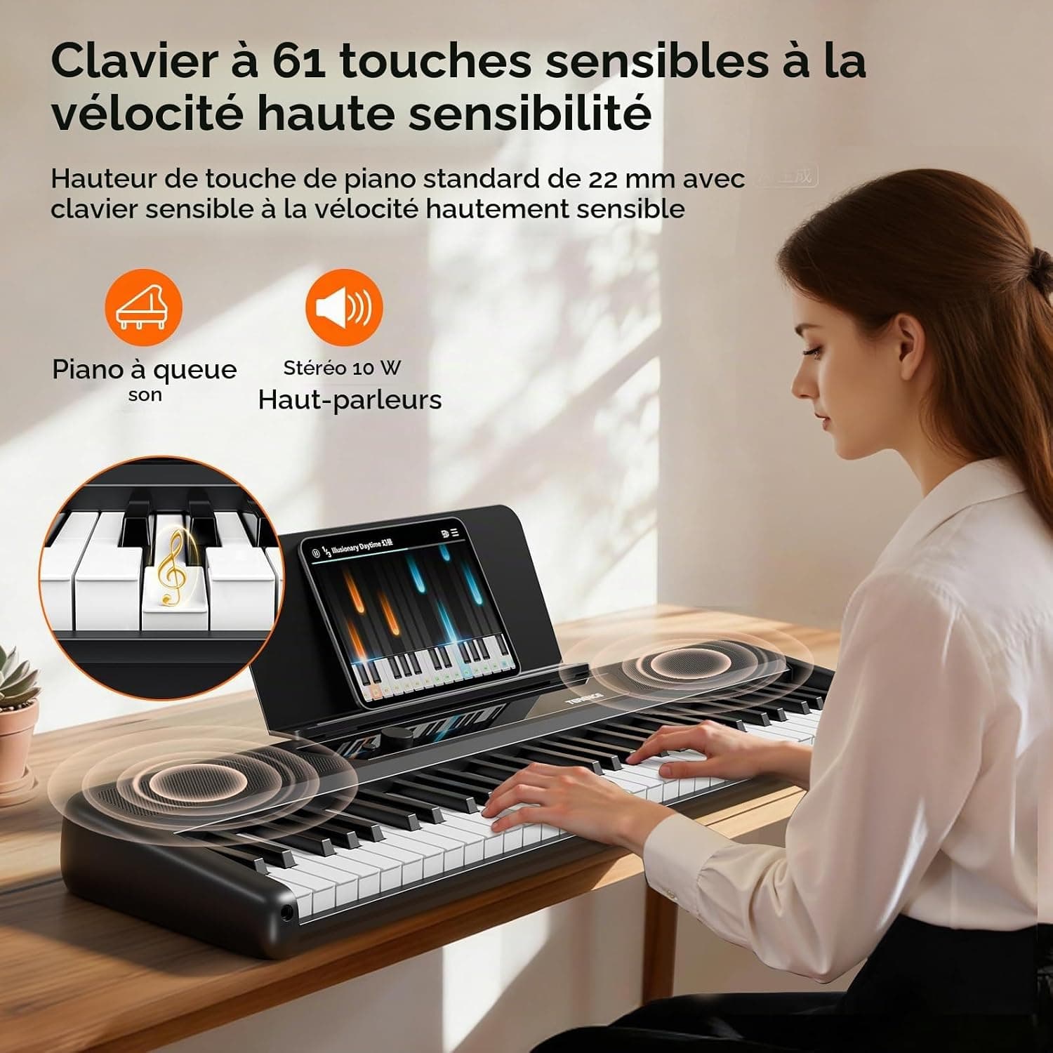 TERENCE Piano Électrique 61 Touches Portable – Clavier Numérique avec Support Touches Sensibles 128 Sons MIDI Idéal pour Enfant & Adulte Instrument de Musique Polyvalent