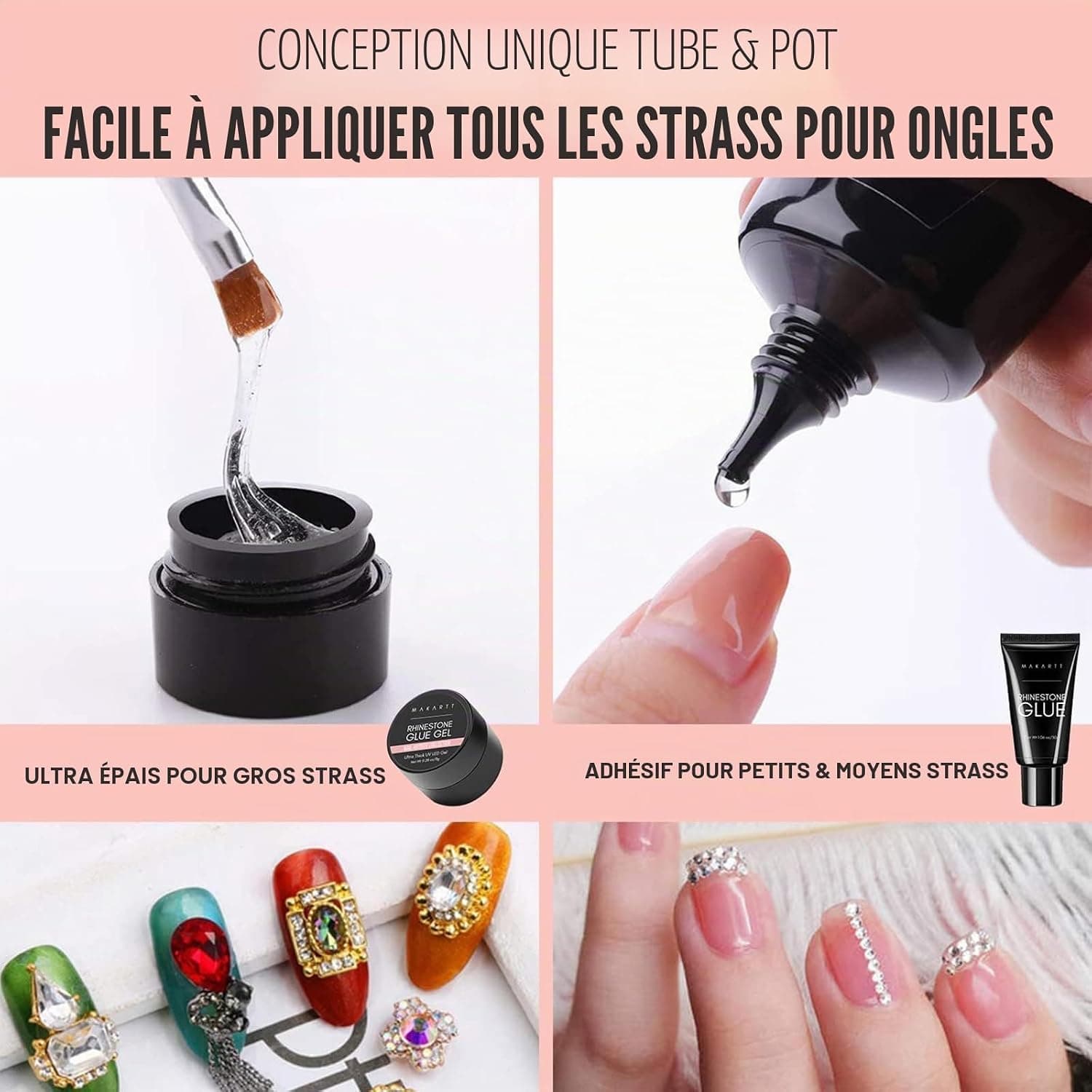 Makartt Kit avec colle super adhésive gel pour ongles avec strass et cristaux, 30 g et 8g