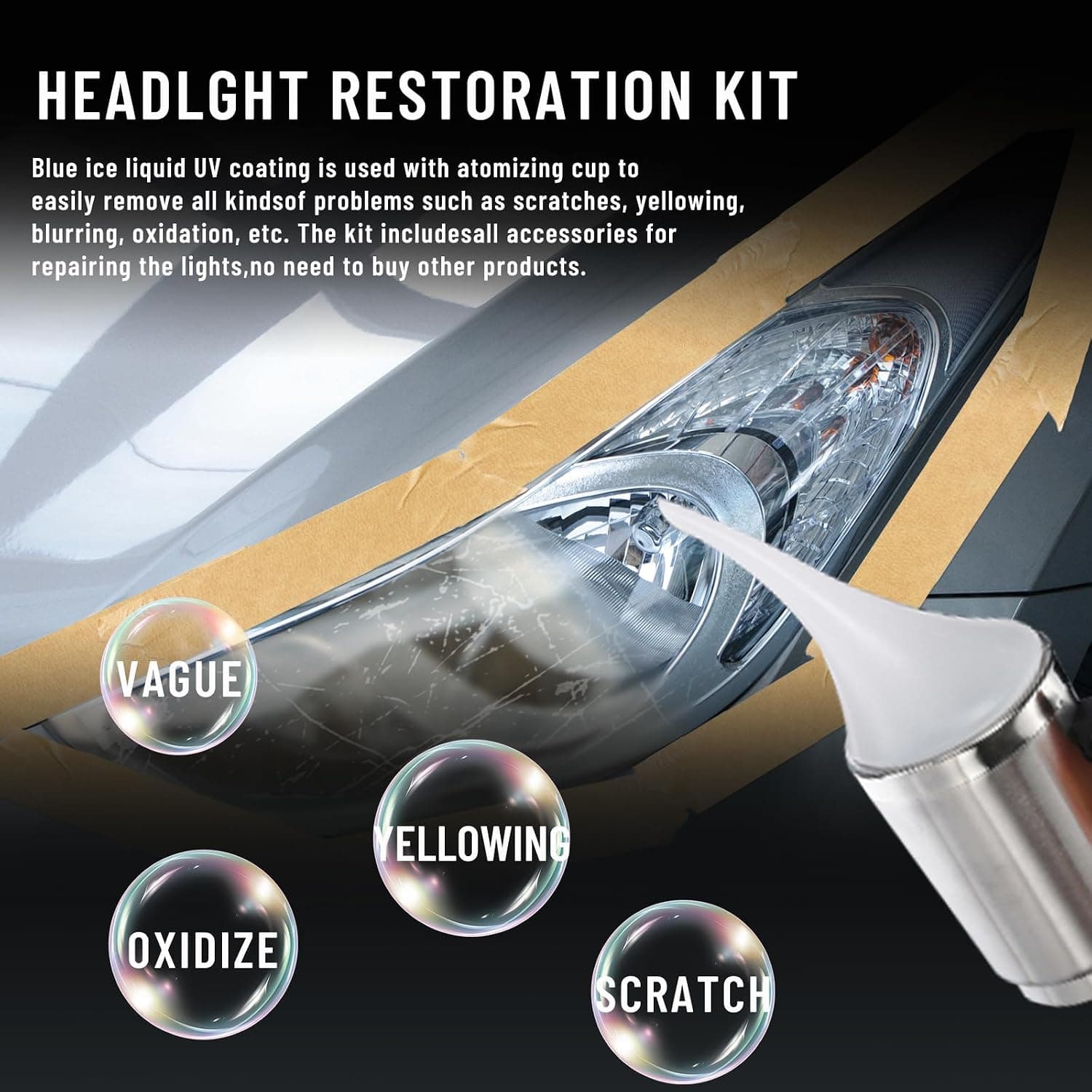 Kit Renovation Phare Voiture 200ml, Kit de rénovation de phares de Voiture avec Tasse d'atomisation, Kit Polissage jaunissement Flou Scratch du Phares des Auto et de Moto