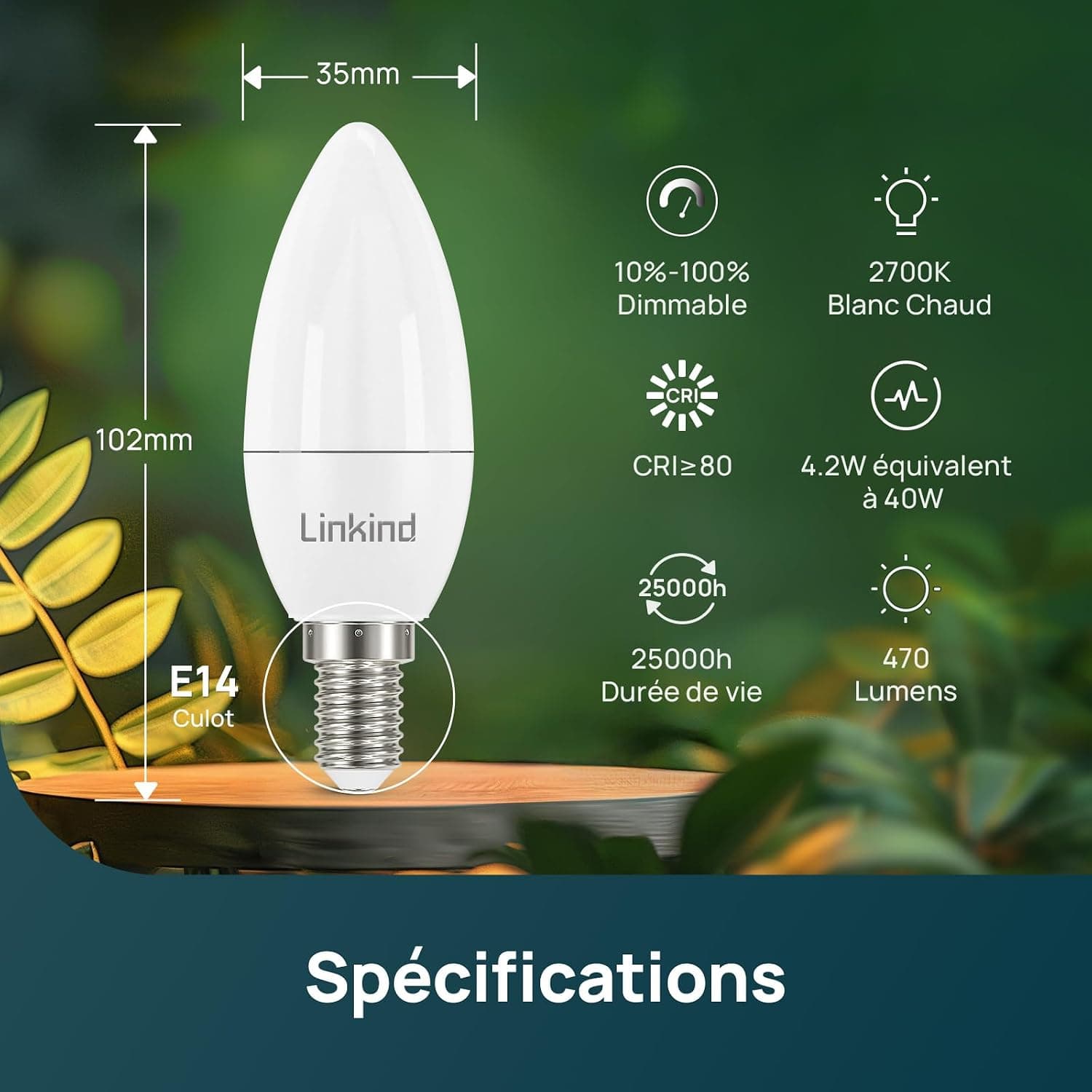 Linkind Ampoule LED Dimmable E14 Forme Bougie, 4.2W Équivalent à 40W, Blanc Chaud 2700K, 470lm, Ampoule Bougie B35 avec Petit Culot à Vis, Lampe Intensité Variable 220-240V, Lot de 6