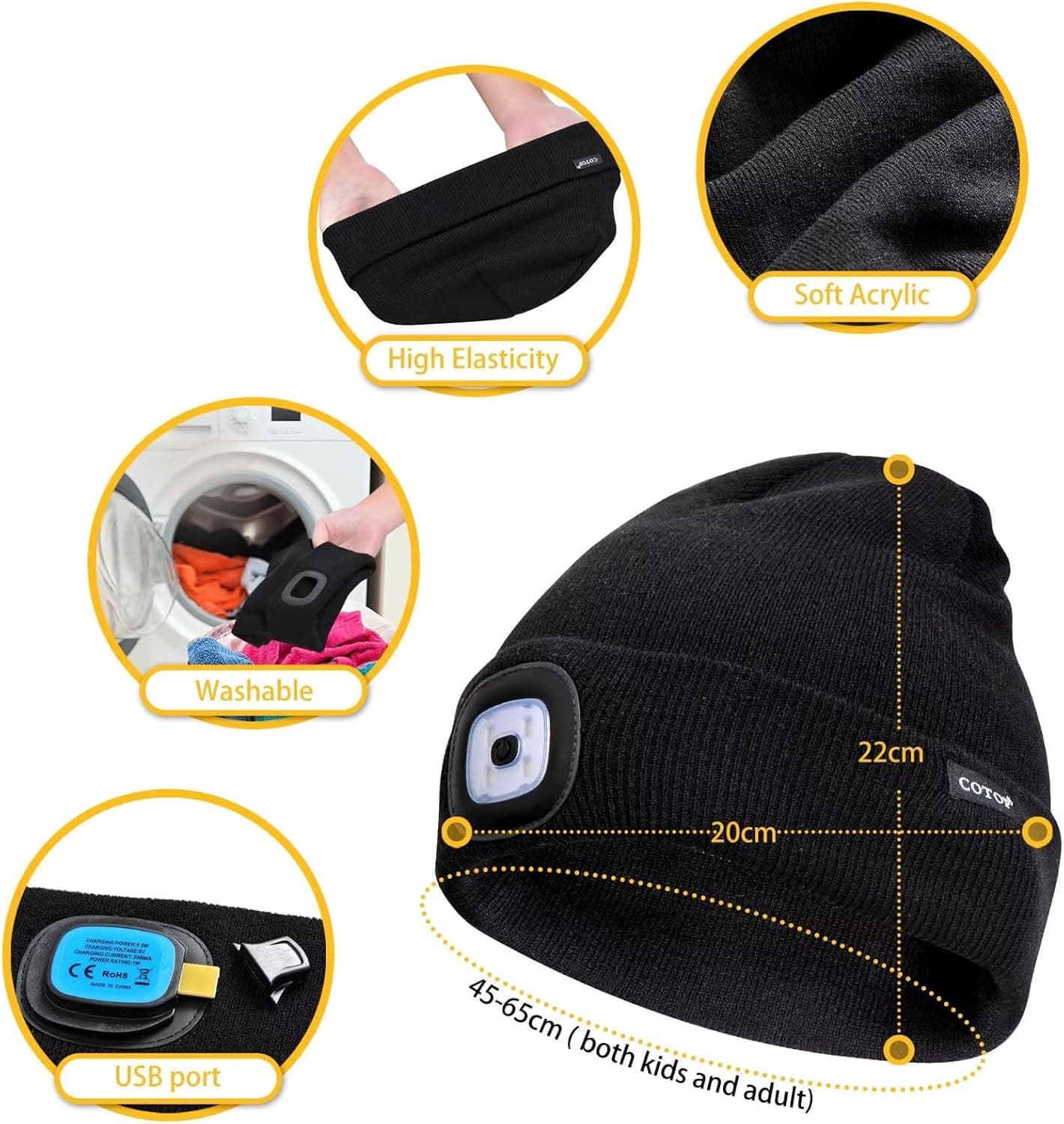 COTOP Bonnet Lumineux LED, Bonnet d'hiver Tricoté, Éclairage Frontale Mains Libres pour Course à Pied, Randonnée, Camping, Activités Nocturnes - Cadeau pour Hommes Femmes