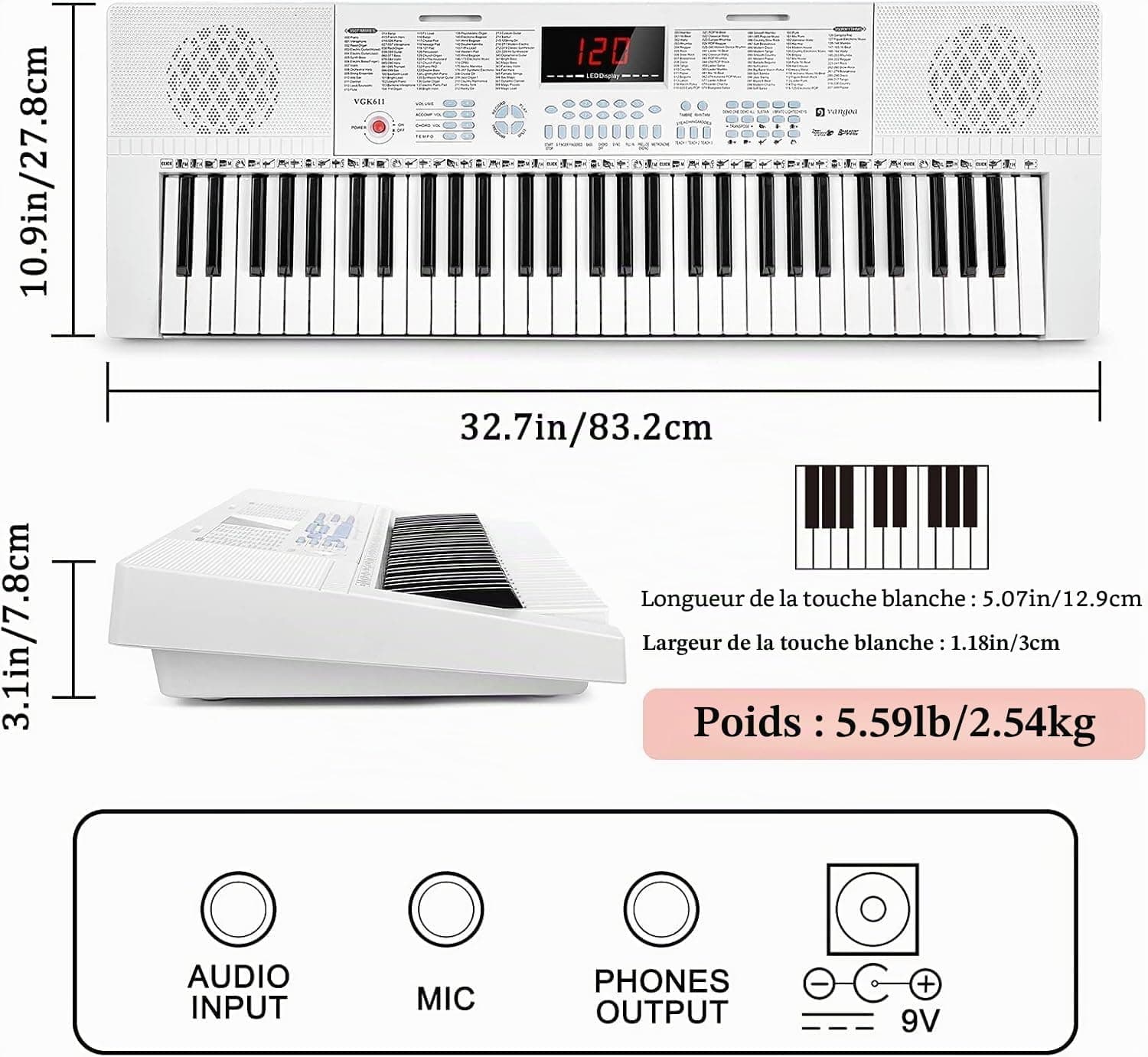 Vangoa Clavier de Piano 61 Lumineuses Mini touches Clavier électronique Piano avec microphone, 3 modes d'enseignement, 350 sons, 350 rythmes, 30 démos, Blanc