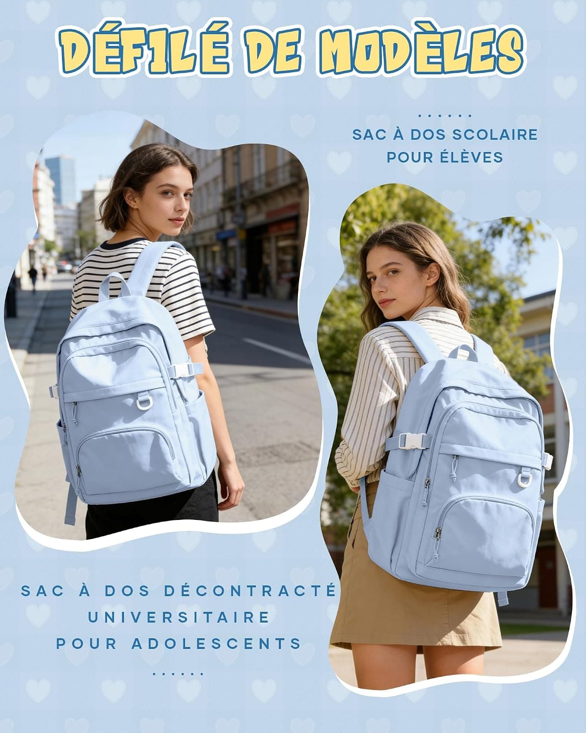Sac à Dos College Homme Femme, Résistant Cartable Garcon Fille, Sac à Dos Scolaire Adolescents, Sac a dos avec Multi-poches, Loisir Unisexe Zaini Backpack,Bleu